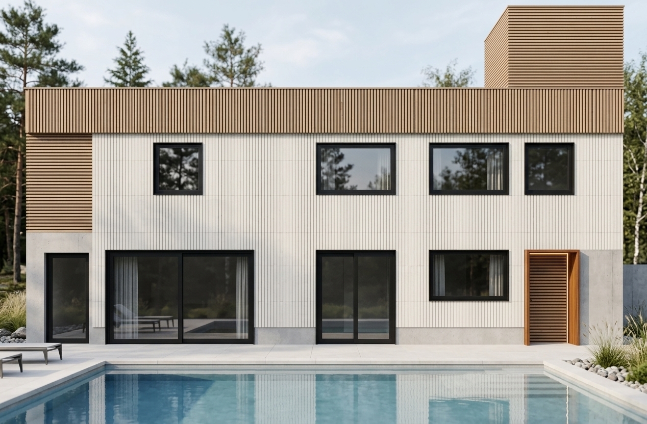 An incredibly lifelike, richly detailed, photorealistic eye-level architectural shot of a modern mixed-use building facade set in a serene Scandinavian sanctuary context with an adjacent pristine outdoor pool area. The scene is illuminated by soft, natural afternoon daylighting with gentle shadows, creating a tranquil, sophisticated atmosphere. Captured with a professional tilt-shift architectural lens on a full-frame camera, emphasizing the tactile vertical off-white brick paneling, smooth exposed concrete surfaces, matte black metal framing, and hyper-realistic glass reflections. The ground floor features three sleek black aluminum commercial sliding storefront doors, juxtaposed with a warm, inviting residential entrance on the far right framed in rich natural timber and subtle ambient lighting, while the crystal-clear pool water in the foreground softly reflects the minimalist lines, modern framing, and multi-material depth of the high-end structure.