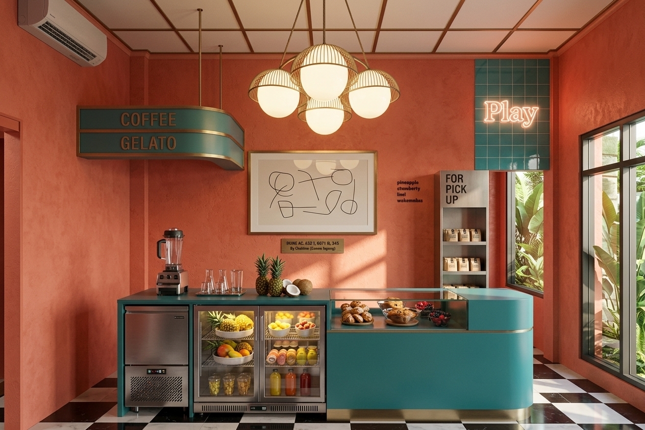 An incredibly lifelike, richly detailed, photorealistic wide interior photo of a sleek retro-futuristic smoothies bar set in a vibrant tropical cafe environment. The scene is illuminated by warm ambient lighting mixed with soft pastel neon glows, creating an inviting, energetic, and nostalgia-infused atmosphere. Captured with a 35mm lens, emphasizing the glossy curved teal counters, brushed brass accents, and polished black-and-white checkerboard floor tiles. 

The perfectly balanced room centers on a streamlined smoothie bar equipped with multiple high-performance, heavy-duty commercial blenders, a glass-fronted refrigerated display showcasing vibrant fresh fruits, and neat prep stations. Suspended directly overhead on the ceiling, a custom-designed geometric retro neon light box casts a soft grid of ambient illumination, complementing the rounded art-deco curves of the architectural elements. Rich coral plaster walls, abstract geometric wall art, and a glowing neon accent sign establish a seamless fusion of mid-century aesthetics and futuristic design, creating a harmonious and functional commercial space.