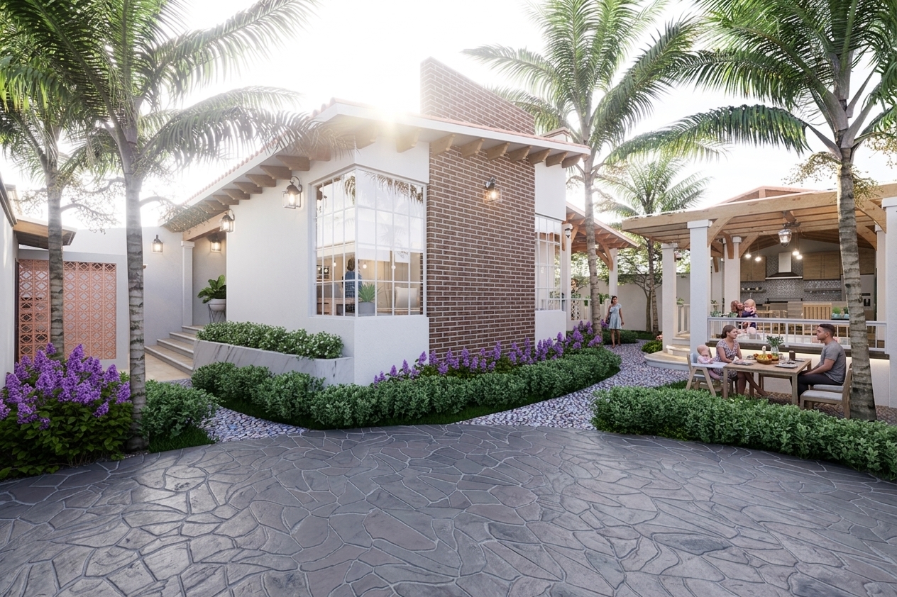 A photorealistic architectural photograph capturing the exact scene with natural material physics, lifelike foliage, and realistic human subjects under bright, softly diffused tropical sunlight. The flagstone paving in the foreground displays authentic tactile surface micro-textures, subtle matte sheen variations, and fine tonal shifts between individual grey stones. The palm trees feature rough, fibrous bark and intricate fronds with realistic subsurface scattering where bright sunlight filters through the green leaves. The vibrant purple flower bushes and lush green garden borders show variegated leaf tones, fine petal details, and organic depth. The white stucco walls present a refined, micro-textured plaster finish, while the brick feature wall exhibits natural clay color variations and realistic mortar grooves. Windows feature authentic glass physics, showing clear interior views alongside soft outdoor reflections. The people throughout the scene appear as real individuals with natural skin tones, realistic hair details, and lifelike fabric drapery on their clothing, perfectly integrated into the ambient light. Captured with a wide-angle architectural prime lens, featuring crisp focus throughout, balanced exposure, a subtle lens bloom from the bright sky, faint chromatic aberration at high-contrast edges, and delicate optical vignetting.