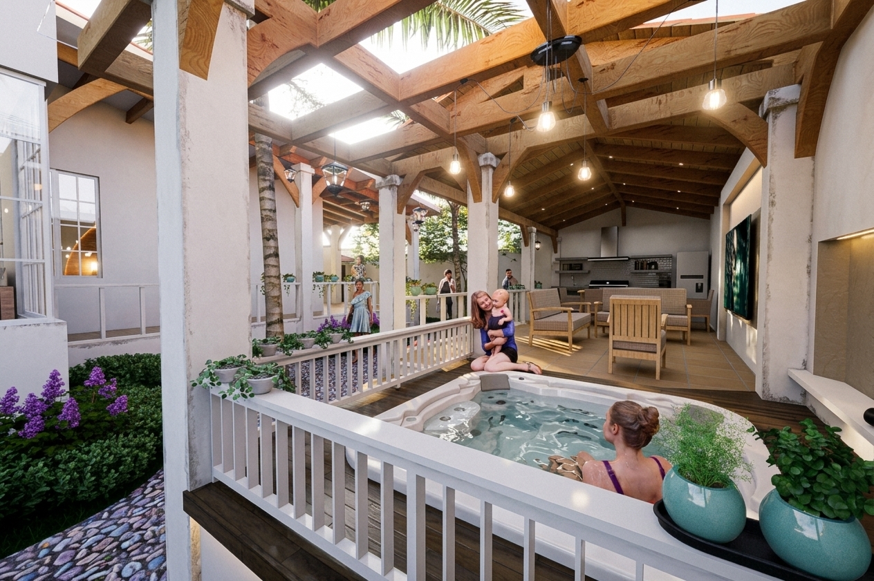 A professional architectural wide-angle photograph capturing the semi-outdoor patio scene with true-to-life material physics, authentic human presence, and vibrant organic vegetation while preserving the exact layout and composition. The overhead wooden pergola exhibits detailed timber grain, natural knots, micro-textures, and warm satin varnish that catches soft ambient highlights. Natural daylight filters through the pergola structure, casting soft, physically accurate shadows across the off-white plaster pillars and dark wood deck flooring. The hot tub is filled with crystal-clear water displaying natural fluid ripples and soft caustic light patterns dancing across its interior surface. The woman relaxing in the tub features lifelike skin texture with natural subsurface scattering, realistic hair sheen, and subtle water droplets on her skin. Nearby on the deck, the mother and toddler display soft, realistic skin tones, detailed fabric textures on their clothing, and natural interaction shadows. The lush garden on the left features deep green foliage with light-translucent leaves, intricate soil micro-texture, and delicate purple flower blooms. Soft warm light glows from the hanging pendant fixtures, creating a harmonious blend with the diffuse daylight. Shot with a full-frame sensor wide-angle lens at f/5.6, the image includes subtle photographic realism details such as faint lens flare, mild corner vignetting, crisp focus, and a whisper of natural digital film grain.
