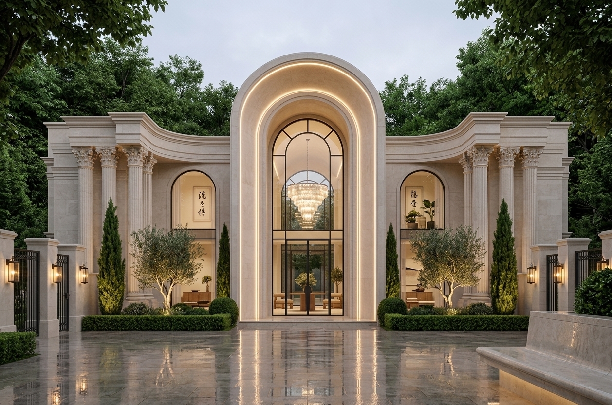 An incredibly lifelike, richly detailed, photorealistic wide-angle exterior architectural photo of a grand modern-classical luxury estate facade set in an exclusive, tree-lined sanctuary. The scene is illuminated by the soft, diffused ambient light of twilight and warm, integrated architectural accent lighting tracing the majestic central arch and fluted columns, creating a tranquil, harmonious, and sophisticated atmosphere. Captured with a professional full-frame camera and a 35mm tilt-shift lens, emphasizing the fine texture of honed beige limestone, crisp black metal window frames, and glistening wet stone reflections on the forecourt...

The central architectural element is a soaring, double-height arched portal, accented by a continuous ribbon of soft LED warmth that highlights its graceful curves. Framing this majestic entry are sweeping, concave wings adorned with classical fluted columns topped with ornate capitals, bringing a timeless dignity to the facade. Large floor-to-ceiling arched glass panels reveal a glimpses of a lavish interior where a grand multi-tiered crystal chandelier hangs suspended in the monumental foyer. Inside, subtle touches of minimalist elegance—shades of warm neutrals, refined black metal accents, low-profile wooden furniture, Japanese calligraphy wall art, and carefully placed indoor plants—blend traditional luxury with a calm, uncluttered interior design aesthetic.

The exterior landscape is meticulously balanced, featuring low manicured boxwood hedges, slender Italian cypress trees rising symmetrically against the facade, and delicate olive trees softly illuminated from below by warm ground spotlights. Dense, mature green foliage frames the background and upper corners, contrasting beautifully with the light stone surfaces. The foreground displays a polished stone drive wet with recent rain, capturing perfectly mirrored reflections of the ambient glows and glowing wall lanterns mounted beside the iron entry gates. Every detail, from the sharp vertical alignment to the realistic light bounce and natural depth of field, evokes a pristine architectural magazine feature.