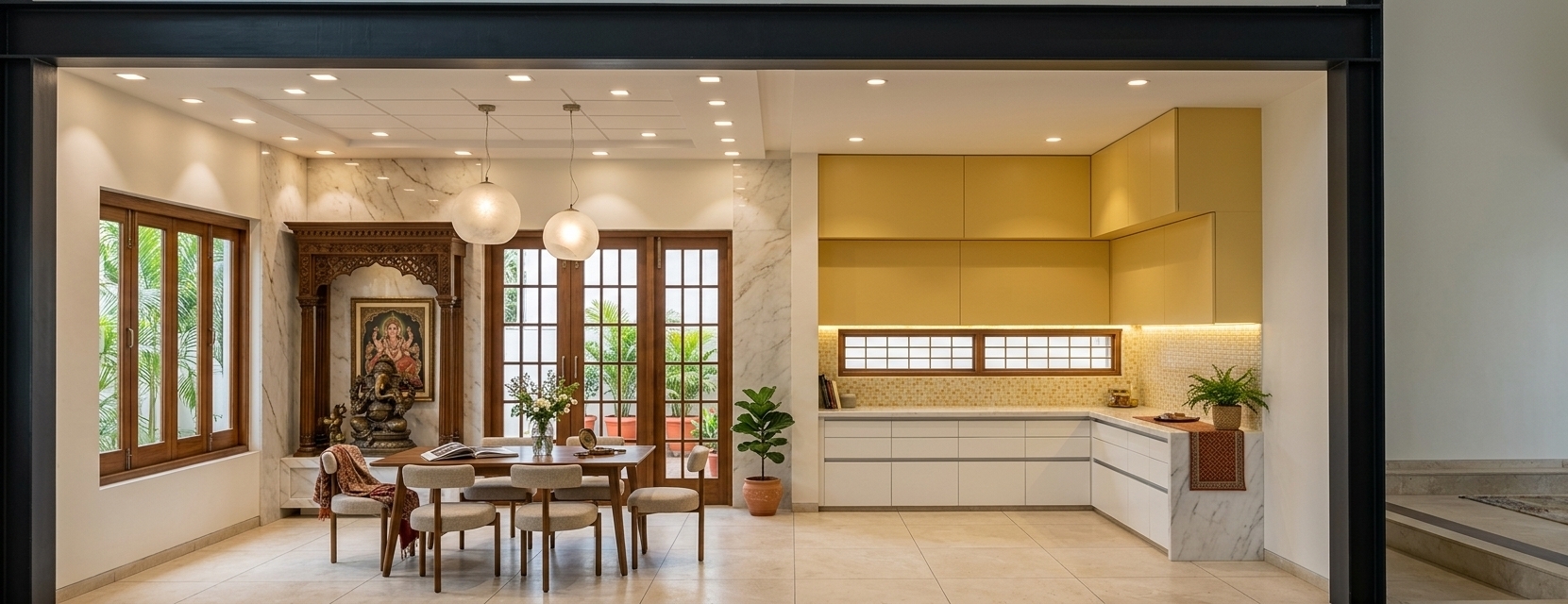 An incredibly lifelike, richly detailed, photorealistic wide architectural interior photograph of an open-plan dining room and kitchen set in a luxurious modern residence. The scene is illuminated by soft daylight filtering through expansive grid-paned wooden French doors and the warm, ambient glow of pendant lights, creating a warm, cultured, and adventurous atmosphere. Captured with a 35mm architectural tilt-shift lens, emphasizing rich wood textures, veined marble surfaces, and vibrant global decor elements.

On the left, an intricately carved dark wooden shrine with a dramatic marble backdrop serves as a captivating focal point next to a dining table surrounded by a mix of vintage and modern upholstered chairs. The table is thoughtfully styled with open photography books, travel-inspired artifacts, and a delicate floral arrangement. Through the large wooden-framed windows, lush green landscaping adds vibrancy to the background. To the right, the kitchen features clean white lower cabinetry, striking butter-yellow overhead cabinets, and a polished marble waterfall kitchen island. Shades of earth tones, bright accent decor, global pattern textiles, and strategically placed indoor plants elevate the space into a layered, artistic traveler's haven.