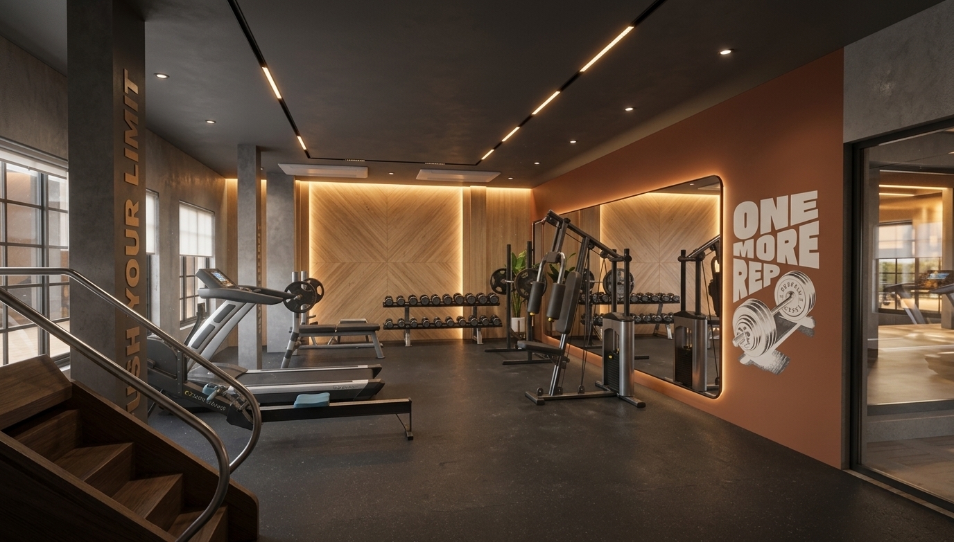 A wide-angle architectural photograph capturing this modern indoor gym interior exactly as composed in the frame, shot with a sharp 24mm tilt-shift lens at eye level with edge-to-edge depth of field. The scene is warmly illuminated by bright linear profile lights integrated into the dark ceiling channels, casting crisp, warm-toned 3000K light downward, complemented by soft glowing recessed downlights scattered across the smooth ceiling. A distinct, inviting architectural cove light glows softly from behind the patterned light-wood paneling on the far feature wall, casting a rich, ambient backlighting halo that accents the wooden texture. The gym floor features a dense, matte-finished grey rubberized surface with realistic subtle grain, while the exercise equipment exhibits realistic material physics, including semi-gloss black powder-coated steel frames, polished chrome accents, and subtly creased dark leather padding on the workout benches and seats. On the right wall, a smooth earthy-brown accent panel displays crisp white typography for the graphic art beside a large mirror that realistically reflects the room's warm glow. Light reflects naturally off the brushed stainless steel stair handrail in the foreground, with soft, accurate contact shadows beneath all machinery, capturing a high-end, clean fitness room atmosphere.
