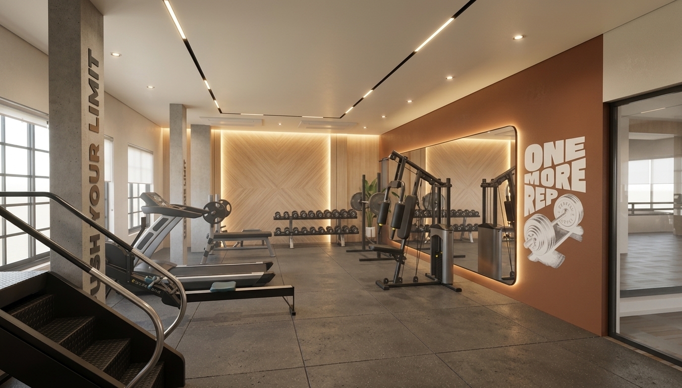 A wide-angle interior architectural photograph of the modern gym space, strictly preserving the precise geometry, camera angle, and structural layout of the scene. The seamless flat ceiling is rendered in a soft ivory white shade, vividly illuminated by warm recessed downlights and sleek linear LED profile lights running along the black recessed ceiling channels. Warm, atmospheric cove lighting bleeds delicately from behind the large wall-mounted mirror on the right and from behind the light wood panelling at the far end of the room, casting a soft highlight on the diagonal grain textures and light beige finish of the wood wall. The terracotta-brown accent wall showcases crisp white graphic typography over a subtle matte paint texture. High-density grey rubber gym flooring displays subtle micro-textures, faint seams, and gentle light reflections from the ambient sources. All gym equipment, including the treadmills, weight bench, dumbbell rack, and multi-station weight machine, present realistic tactile surfaces such as matte black powder-coated steel, brushed chrome, smooth black leather padding, and soft handle grips. Shot with a professional wide-angle lens, the scene features authentic light falloff, natural contact shadows, faint film grain, subtle reflections in the glass surfaces, and gentle vignetting to create a convincingly photorealistic image.