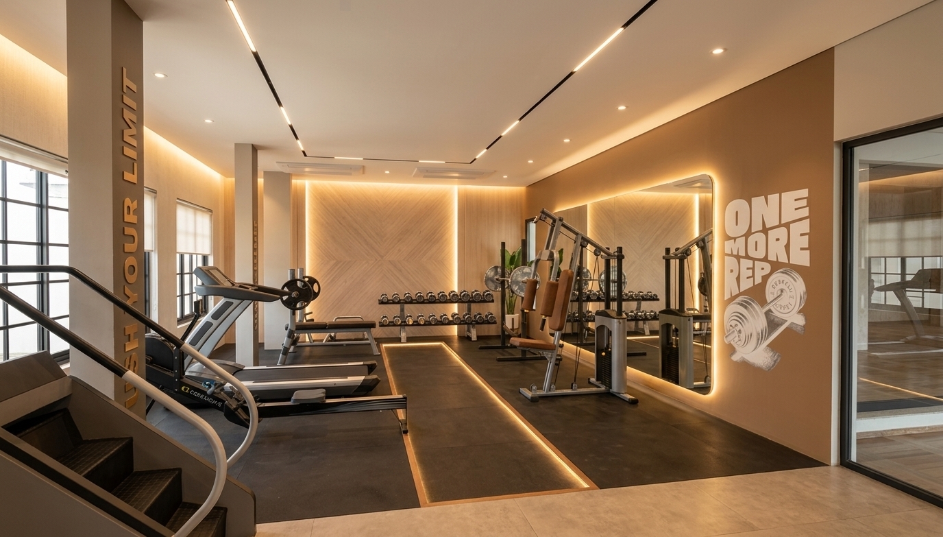 A wide-angle architectural photograph of a sleek, high-end modern gym interior, accurately preserving the exact spatial layout, camera angle, and structural geometry of the scene. The ceiling is rendered in a smooth matte ivory white shade, vividly illuminated by linear ceiling profile light tracks and recessed spotlights that cast a soft, natural warm-white glow throughout the space. Warm ambient cove lighting shines subtly from behind the large rounded mirror on the right wall and along the perimeter of the light wood wall panelling in the background, creating depth and a sophisticated halo effect. Centered on the warm tan right wall, the gym artwork with motivational typography and barbell illustration is rendered as a crisp wall decal with realistic matte finish. The exercise equipment, including treadmills, weight racks, and multi-gym cable machines, displays realistic material physics with matte black powder-coated metal, polished chrome accents, and textured leather padding. The rubberized floor matting shows micro-grain surface textures with gentle light reflections, while the stainless steel staircase railing in the foreground catches warm specular highlights. Captured with a professional full-frame lens, exhibiting realistic photo qualities like subtle light bloom, clear depth of field, and soft natural vignetting.