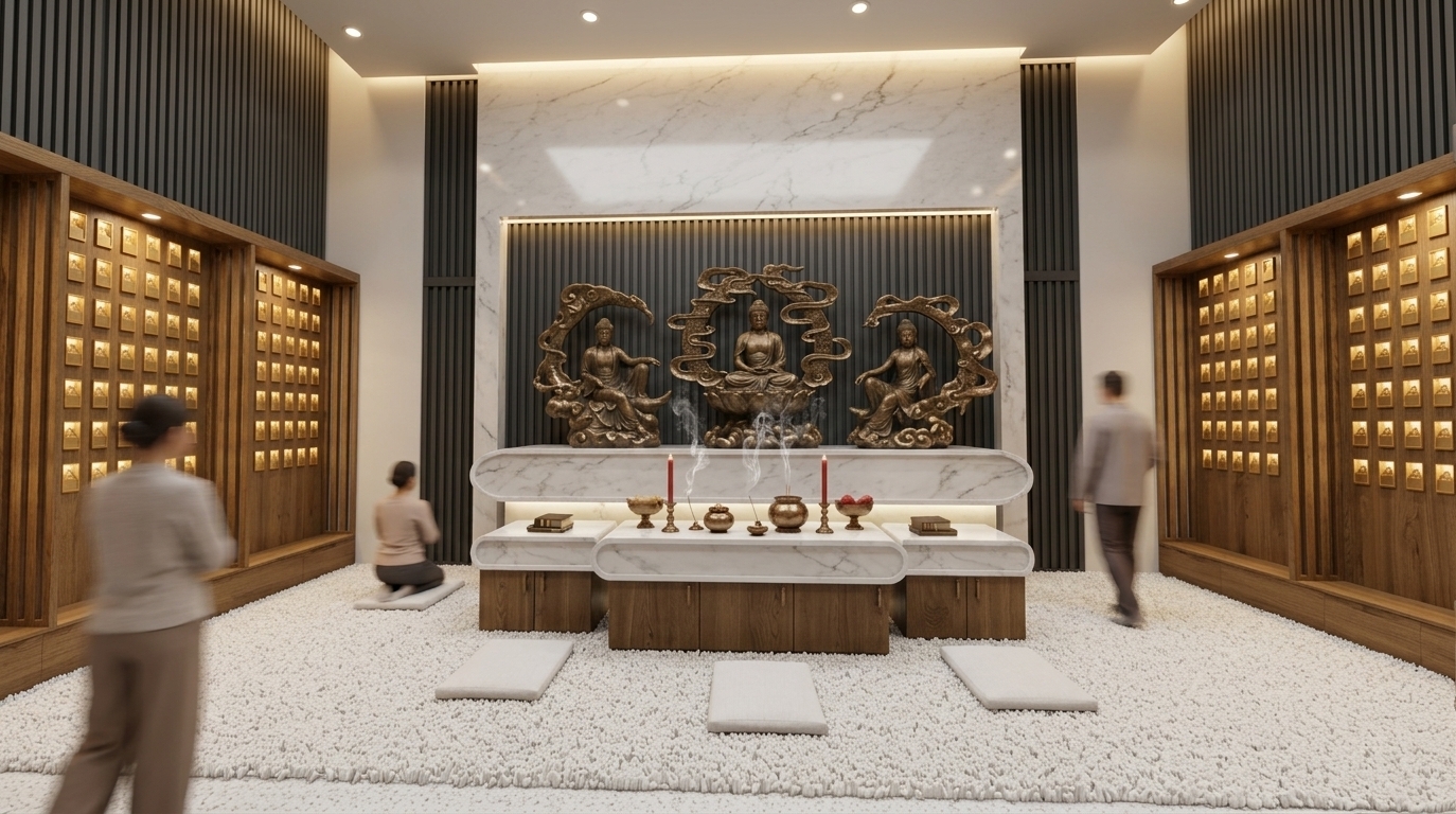 An incredibly lifelike, richly detailed, photorealistic wide-angle interior shot of a serene modern Buddhist prayer hall set in a tranquil digital zen sanctuary. The scene is illuminated by warm, concealed LED cove lighting, soft recessed ceiling downlights, and the delicate glow radiating from symmetrically arranged golden memorial niches, creating a sacred, contemplative atmosphere. Captured with a professional 24mm architectural lens at eye level, emphasizing the rich natural oak wood grain, matte charcoal fluted wall panels, polished white marble with subtle grey veining, and finely detailed bronze Buddha statues with a realistic aged patina. 

Symmetrically centered, three revered Buddha statues sit atop a multi-tiered polished white marble altar accented by dark wood cabinetry beneath. Gentle, translucent wisps of incense smoke rise smoothly from bronze burners flanked by red ceremonial candles and offerings. On either side, expansive wooden wall units feature hundreds of illuminated golden memorial plaques framed by dark fluted vertical panels. Grounding the pristine space, a rich, fine-textured white pebble carpet holds three minimalist white prayer cushions, while softly motion-blurred worshippers in modest neutral clothing pray, meditate, and walk quietly through the hall. Precision V-Ray ray-tracing casts soft global illumination, realistic marble reflections, and delicate shadows, completing this ultra-sharp 8K architectural visualization.