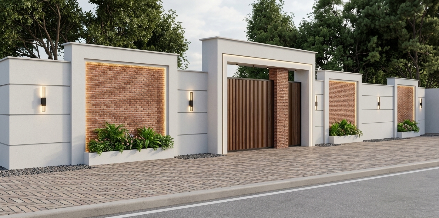 An incredibly lifelike, richly detailed, photorealistic eye-level wide shot of a Mediterranean retreat's boundary wall and main entrance gate, set in a serene, tree-lined environment. The scene is illuminated by soft, diffuse daylight paired with warm halo LED backlighting and sleek black wall sconces, creating a sophisticated and welcoming atmosphere. Captured with a 35mm architectural lens, emphasizing the striking contrast between smooth white stucco plaster, textured red brick feature panels, and rich dark wood vertical gate slats. The clean, stepped perimeter wall integrates recessed brick accents framed by ambient strip lighting, complete with integrated white planters overflowing with vibrant green foliage. A neatly laid herringbone paver sidewalk stretches across the foreground adjacent to a smooth asphalt road, while a dense forest canopy rises above the wall under a bright, softly clouded sky to accentuate the compound's private, resort-like feel.