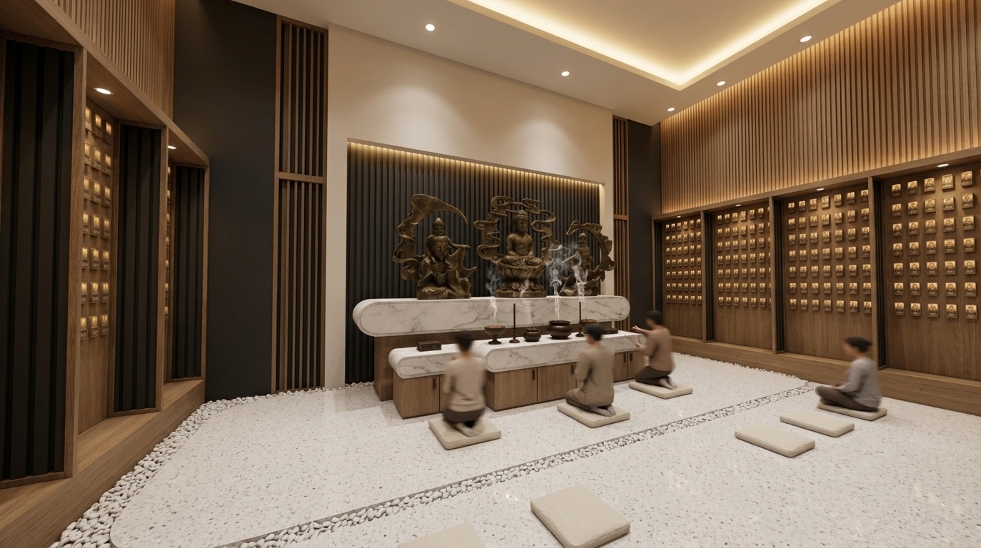 An incredibly lifelike, richly detailed, photorealistic wide-angle interior photograph of a modern Buddhist prayer hall set in a serene spiritual sanctuary during a quiet autumn night. The scene is illuminated by warm concealed LED cove lighting, subtle recessed downlights, and soft ray-traced global illumination, creating a deeply sacred, peaceful, and meditative atmosphere. Captured with a professional 24mm architectural lens from an eye-level perspective, emphasizing the natural oak wood grain, matte charcoal fluted wall panels, polished white marble table surfaces with subtle grey veining, and intricately detailed bronze Buddha statues featuring an authentic aged patina. Delicate wisps of incense smoke rise gracefully from dark ceramic urns on the marble altar, drifting into the warm air. Across the expansive, realistic white pebble and terrazzo floor, motion-blurred worshippers in modest neutral-colored clothing are captured kneeling peacefully on off-white floor cushions, lighting incense, and meditating quietly. Symmetrically flanking the central shrine, tall oak-framed cabinets filled with hundreds of softly glowing memorial niches line the walls, filling the luxury digital zen space with soft shadows, exquisite reflections, and an overwhelming sense of reverence.