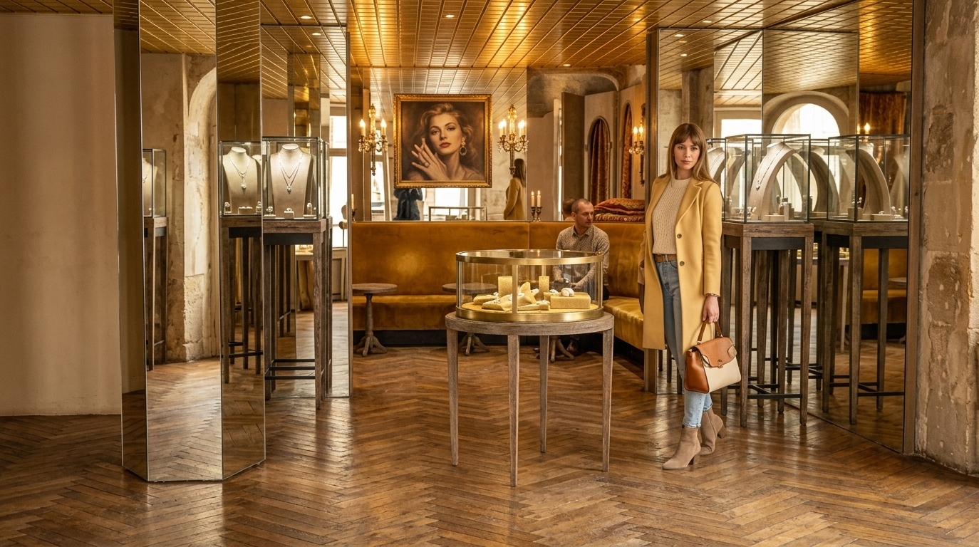 An incredibly lifelike, richly detailed, photorealistic wide-angle interior photo of an elegant jewelry exhibition space set in an opulent boutique gallery. The scene is illuminated by radiant golden midday light that cascades across gleaming gilded ceiling grid panels and mirrored columns, creating a warm, cozy, and invitingly romantic atmosphere. Captured with a 35mm tilt-shift lens, emphasizing the rich herringbone hardwood flooring, weathered wood finishes, and polished glass surfaces. The spatial layout masterfully blends French country charm with high-end exhibition design, featuring rustic distressed-wood display pedestals, a central glass showcase table, and a deep, plush upholstered banquette anchored beneath framed wall art. Touches of soft provincial styling—a harmonious palette of warm neutrals, soft yellows, and golden reflections alongside lovingly arranged surfaces—bring a timeless, weathered elegance to this intimately luxurious showroom.
