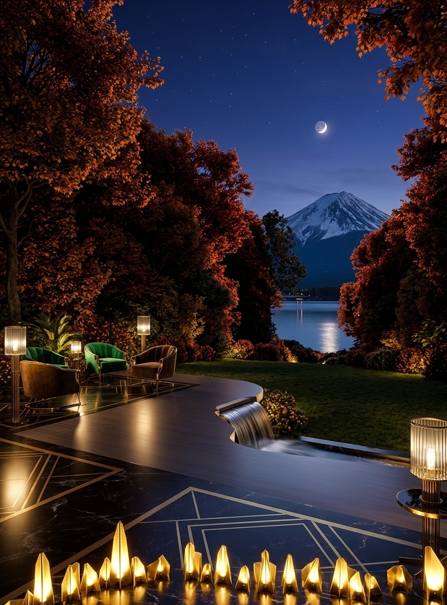 An incredibly lifelike, richly detailed, photorealistic wide-angle night landscape photograph of a lavish Art Deco outdoor terrace and garden patio overlooking a tranquil lake and a majestic alpine mountain peak set in a serene night setting surrounded by vibrant autumn foliage. The scene is illuminated by warm, glowing light from elegant brass Art Deco lamps, subtle uplighting on the flaming orange maple trees, and soft moonlight reflecting off the calm lake water, creating a glamorous, enchanting, and luxurious atmosphere. Captured with a 24mm f/2.8 wide-angle lens using a long exposure technique, emphasizing the silky motion blur of the cascading waterfall, the sleek geometric marble tile of the patio, polished brass fixtures, and the vivid textures of crisp night-lit autumn leaves.

The foreground features a seamlessly integrated outdoor terrace crafted from polished black marble with subtle gold geometric inlays, extending gracefully toward the water's edge. Elegant Art Deco lounge chairs with rich emerald green and deep bronze velvet upholstery are arranged tastefully, accompanied by sleek fluted glass floor lamps and geometric brass lanterns casting soft, inviting pools of light. Along the manicured lawn, low-profile Art Deco pathway lamps emit a subtle golden glow along the winding walkway. In the background, the sky transitions into a deep twilight indigo filled with scattered stars, while the iconic mountain peak looms dramatically, its icy facets catching the cool glow of the night sky above the glowing, fiery orange trees.