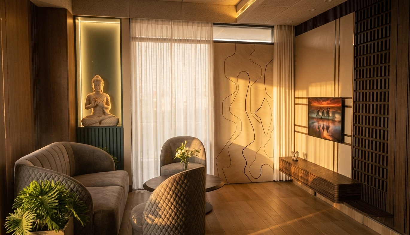 A professional interior architectural photograph captured during the golden hour of sunset, preserving the exact layout, geometry, and camera perspective of the original scene. Low-angle, warm 3000K sunlight streams horizontally through the semi-sheer white linen curtains, filtering a soft, luminous golden glow throughout the room and casting long, diffused shadows across the natural matte wood plank flooring. The tactile grey woven fabric of the curved sofa and diamond-tufted accent chairs reveals delicate micro-textures and subtle fabric creases where the warm directional light grazes their surfaces. In the recessed niche, the off-white stone Buddha statue catches gentle accent lighting with realistic subsurface scattering. The dark timber coffee table, topped with a clear glass vase of fresh white flowers and glossy green stems, reflects soft highlights. The cream decorative wall panel with fluid line details and the vertical dark slatted wood accent wall showcase natural wood grain textures and realistic depth. Shot on a full-frame camera with a wide architectural lens, featuring edge-to-edge clarity, a subtle bloom around the illuminated sheer drapes, faint natural film grain, and gentle vignetting that elevates the cozy, serene sunset atmosphere.