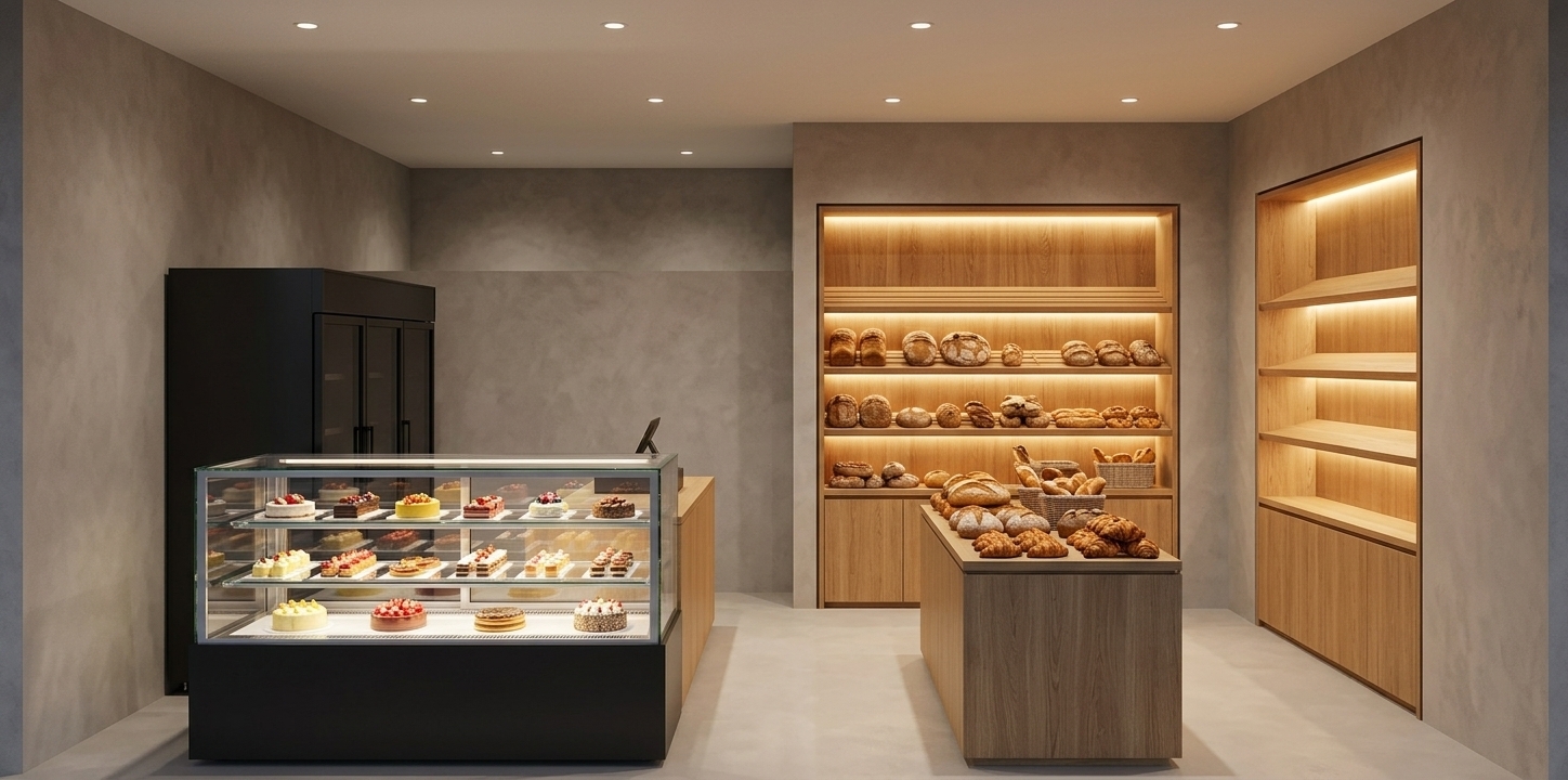 An incredibly lifelike, richly detailed, photorealistic wide-angle interior perspective photo of a modern artisanal bakery shop set in a bright, minimalist urban boutique. The scene is illuminated by soft recessed ceiling spotlights, glowing LED under-shelf accents, and warm ambient lighting, creating a serene, inviting, and sophisticated atmosphere. Captured with a 35mm wide-angle lens, emphasizing the tactile textures of matte microcement, warm natural timber, sleek polished glass, and freshly baked golden pastries.

On the left foreground, a contemporary glass cake display case glows brightly, showcasing meticulously crafted pastries on polished tiers. Positioned right behind it is a minimalist, light-toned cashier counter. Tucked into the far-left alcove stands a tall, matte-black commercial refrigeration unit with dark glass panels reflecting the ambient light. Occupying the center of the room, a low-profile oak display island acts as a inviting focal point, laden with golden-brown sourdough loaves and croissants. Framing the rear and right walls, custom warm-toned display shelves with hidden LED strip lighting beautifully illuminate an array of fresh breads, blending a clean workshop aesthetic with a cozy, minimalist haven.