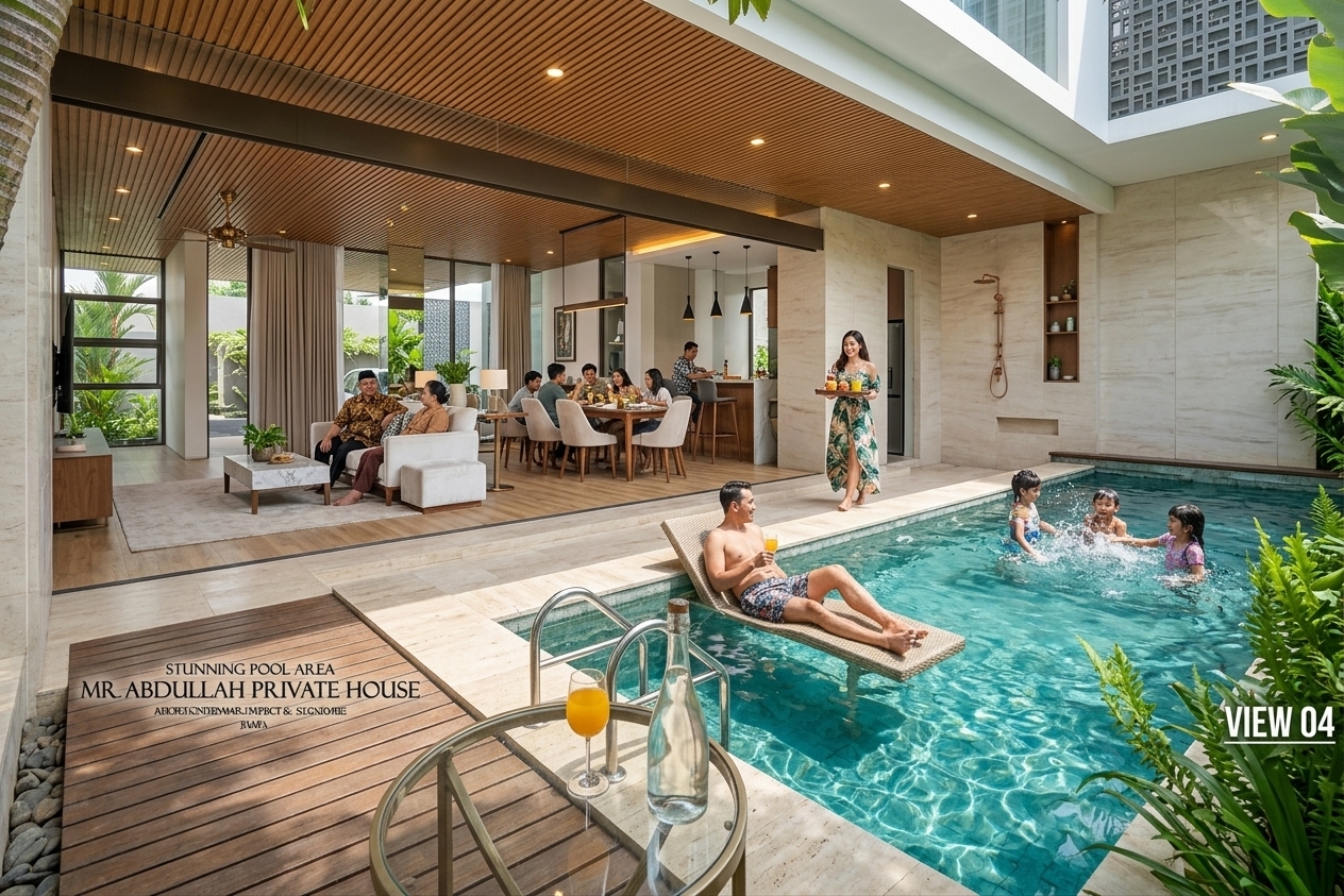 An incredibly lifelike, richly detailed, photorealistic wide-angle architectural shot of a luxurious private villa's outdoor pool deck and open-concept living area set in Malang, East Java. The scene is illuminated by warm recessed interior soffit lights and crisp midday spring sunlight, creating a vibrant, joyful, and contemporary elegance atmosphere. Captured with a professional 24mm architectural lens, emphasizing slatted timber ceiling panels, sparkling turquoise pool water reflections, and seamless floor-to-ceiling glass partitions. 

On the timber deck, a man relaxes with a chilled glass of orange juice, happily supervising children splashing in the clear swimming pool. A woman gracefully walks out from the living room onto the pool terrace carrying a tray of snacks and drinks, smiling as she greets the swimming kids. Through the open glass enclosure, grandparents unwind on the plush white sofa while watching television, while near the kitchen, an older sibling and friends share a lively meal around the long dining table. The entire scene radiates a heartwarming, energetic, and sophisticated family lifestyle amidst lush tropical tranquility.