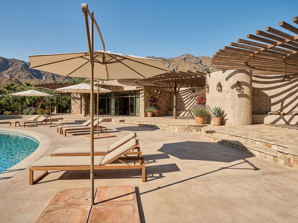 An incredibly lifelike, richly detailed, photorealistic wide-angle eye-level outdoor architectural photo of a luxurious sun-drenched pool deck and lounging pavilion set in a tranquil Mediterranean retreat. The scene is illuminated by brilliant mid-afternoon sunlight casting sharp, rhythmic linear shadows through a timber pergola, creating a relaxed, warm, and inviting coastal atmosphere. Captured with a 24mm tilt-shift lens, emphasizing the rich contrast between sun-baked terracotta tiles, weathered rustic wood, rough-cut stone masonry walls, and the shimmering azure blue of the swimming pool. Elegant slatted wooden lounger chairs topped with neutral linen cushions line the smooth, warm concrete deck under large cantilevered umbrellas. In the background, lush Mediterranean foliage and potted indoor-outdoor plants frame a rustic stone-clad resort structure with expansive glass facades, capturing the timeless elegance of a high-end photography book showcasing sun-kissed coastal living.