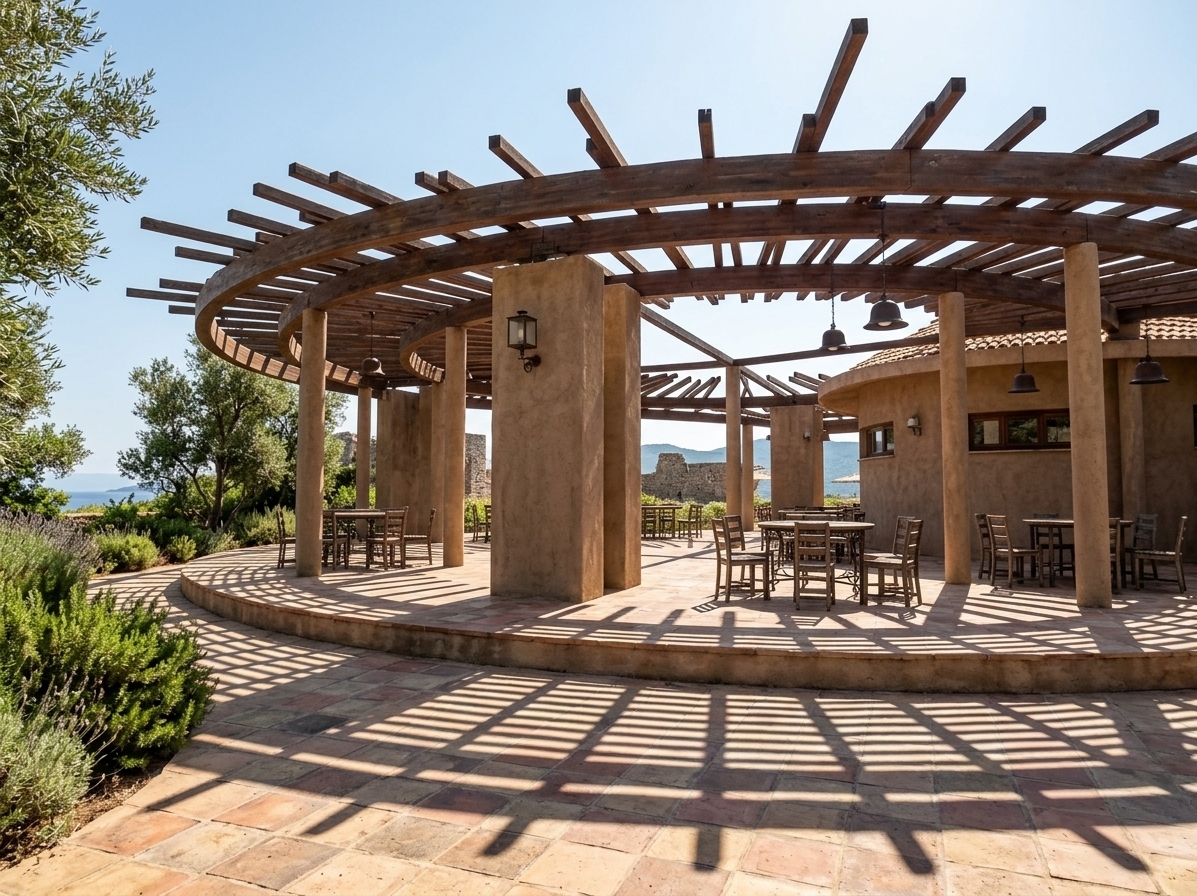 An incredibly lifelike, richly detailed, photorealistic wide-angle architectural photo of an open-air dining pavilion set in a sun-drenched Mediterranean garden retreat. The scene is illuminated by bright, warm sunlight filtering through the overhead trellis, creating a relaxed, coastal, and inviting atmosphere. Captured with a 35mm prime lens, emphasizing rich weathered wood textures, aged terracotta surfaces, and deep geometric shadows. The circular architectural structure features rustic wooden pergola beams supported by sturdy, earthy stucco columns, sheltering an array of wrought iron and rustic wooden dining furniture. Warm neutrals, coastal blues, and terracotta shades color the paved ground, complemented by lush Mediterranean plants and olive trees that frame the perimeter. Elegant hanging metal pendant fixtures dangle beneath the slatted roof, blending rustic charm with refined Mediterranean-inspired hospitality suitable for a fine photography book.