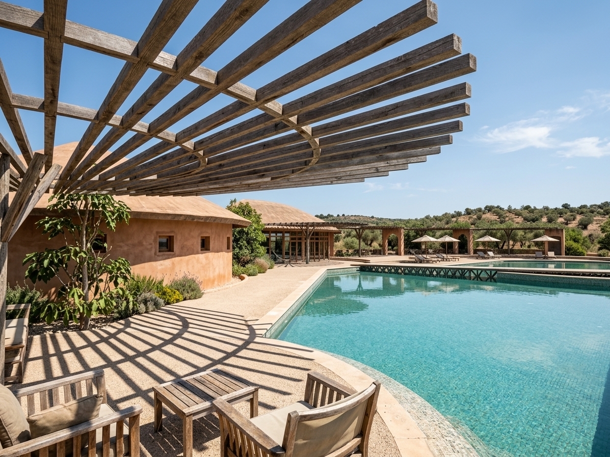 An incredibly lifelike, richly detailed, photorealistic wide-angle architectural photo of a sun-drenched outdoor garden patio and resort sanctuary set in a peaceful Mediterranean retreat. The scene is illuminated by brilliant, high-noon sunlight casting striking radial grid shadows from a sweeping wooden pergola, creating a relaxed, warm, and inviting coastal atmosphere. Captured with a professional tilt-shift architectural lens, emphasizing the rich, textured surfaces of aged terracotta plaster walls, rough-hewn timber slats, and fine gravel pathways, the composition seamlessly leads the eye toward a shimmering turquoise pool in the background. The earthy palette combines soft shades of terracotta, azure blues, and warm neutrals, beautifully complemented by wrought iron and rustic wooden furniture, including cozy lounge chairs with canvas umbrellas positioned along the poolside deck. Lush Mediterranean flora, potted olive trees, and leafy green foliage soften the organic, rounded architectural forms, evoking the effortless, casual luxury of a high-end photography book showcasing timeless coastal living.