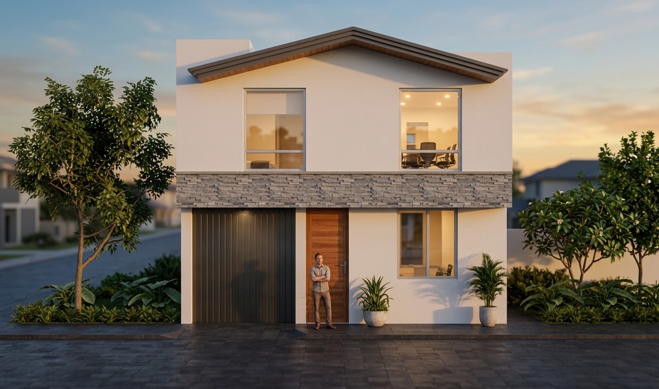 An incredibly lifelike, richly detailed, photorealistic front exterior architectural photo of a modern suburban house set in a quiet coastal neighborhood during late spring. The scene is illuminated by the soft, golden light of a setting sun paired with warm interior LED lighting glowing through the windows, creating an inviting, tranquil, and upscale atmosphere. Captured with a professional 35mm architectural tilt-shift lens, emphasizing the crisp contrast between the smooth white stucco facade, the textured grey stacked stone mid-level band, the matte dark metallic garage door, and the warm wood-paneled front door. Lush green trees and vibrant tropical shrubbery line the dark paved foreground, rustling softly in a gentle coastal breeze. Clear aluminum-framed glass windows reflect the twilight sky while providing a peek into a brightly lit interior meeting room, perfectly capturing the sleek geometry and high-end finish of this modern suburban sanctuary.