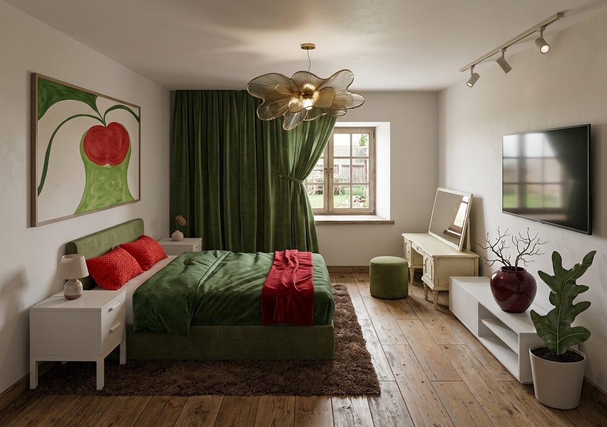 An incredibly lifelike, richly detailed, photorealistic wide-angle interior photo of a cozy bedroom set in a warm, cottage-inspired French country home. The scene is illuminated by gentle natural light streaming through a weathered wooden-framed window alongside soft overhead spotlighting, creating a rustic, inviting, and romantic atmosphere. Captured with a high-resolution camera and a 24mm wide lens, emphasizing distressed wood textures, rich velvet fabrics, and elegant provincial decor, the room features a comfortable wooden bed anchored by an upholstered moss-green headboard, adorned with a lush green duvet, vibrant poppy-red throw pillows, and a crimson accent blanket resting atop a deep brown shag area rug. To the left, a nightstand sits beneath a framed piece of abstract pastoral wall art, while flowing forest-green drapery hangs elegantly behind the bed near a striking, flower-shaped yellow overhead light fixture. Polished hardwood flooring extends across the space toward a vintage wooden vanity with an angled mirror, an upholstered olive stool, and a low-profile wooden media console holding a deep burgundy ceramic vase with delicate branches, nestled beside a leafy potted plant under warm track lights.