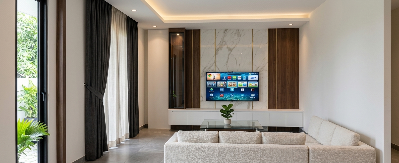 A professional interior photograph of this modern living room, preserving the precise architectural structure, camera angle, and composition from the image. The central media wall features a polished white marble panel with soft grey veining and thin gold vertical brass inlay strips, bordered by dark taupe-grey matte wood laminate paneling. A flat-screen television with a subtle, realistic display glow is mounted at the center above a low-profile white matte media console with visible joinery seams. To the left, a tall dark glass display cabinet subtle catches light reflections. In the foreground, a white L-shaped fabric sectional sofa displays natural cushion creases and realistic woven fabric textures, positioned behind a glass-topped coffee table with a small potted plant casting faint reflections on the glass surface. Heavy charcoal curtains alongside sheer white drapes hang from floor to ceiling along the left wall next to a glass door showing lush green palm foliage outside. The room is bathed in a combination of hidden ceiling cove lighting and warm recessed downlights, creating soft gradient shadows across the matte grey floor tiles and highlighting the rich micro-textures of marble, glass, fabric, and wood. Captured with a full-frame camera using a 24mm tilt-shift lens for straight vertical lines, balanced interior exposure, crisp focus, and natural atmospheric depth.