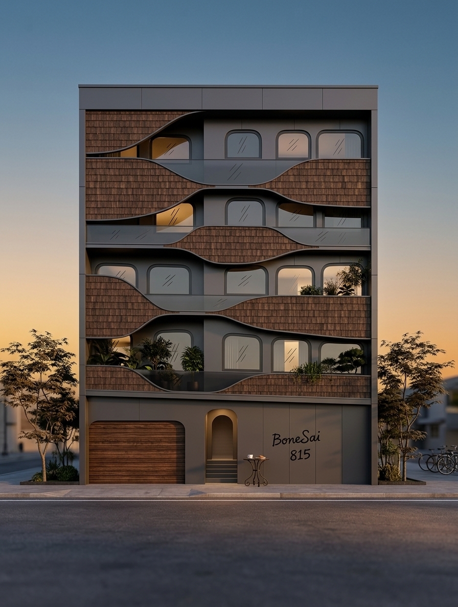An incredibly lifelike, richly detailed, photorealistic architectural photo of a modern Japanese Zen house facade set on a quiet urban street during a warm summer evening. The scene is illuminated by the soft, golden glow of a low-hanging sunset, creating a serene and tranquil atmosphere. Captured with a professional tilt-shift lens, emphasizing the harmonious textures of deep brown wooden tiles, matching brown metal framing, and sleek, dark gray-tinted glass. The facade exhibits a striking sense of depth, with flat gray windows flush against the wall surface contrasting beautifully with deeply recessed balconies that carve into the building's geometry. Thriving dark green potted plants and delicate Zen foliage are neatly arranged within these balcony cutouts, adding natural accents to the structured design. In the background, the sky transitions from warm amber sunset hues to soft evening blue, while the calm asphalt street in the foreground subtly reflects the last light of day.