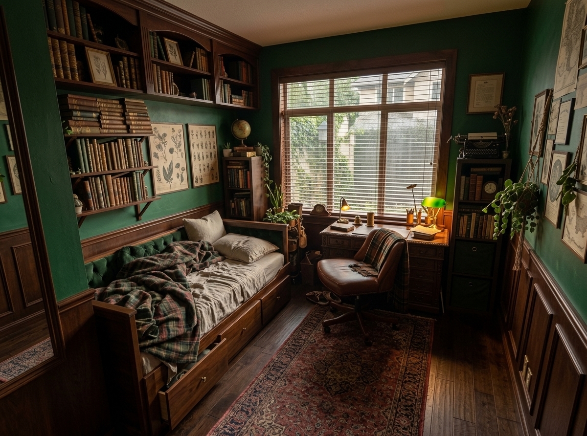 An incredibly lifelike, richly detailed, photorealistic wide-angle interior shot of a cozy English Victorian reading room set in a quiet, scholar’s home sanctuary. The scene is illuminated by gentle, late-afternoon golden hour sunlight filtering through a grand paned window, complemented by the warm, amber glow of brass wall sconces and a classic green glass banker's lamp, creating a moody, intellectually inspiring atmosphere. Captured with a 35mm prime lens, emphasizing the tactile grain of dark mahogany woodwork, soft tufted leather, and dusty, gilded leather-bound book spines.

Reimagined as an authentic traveler’s trove, the plain beige walls are elevated with rich emerald-green plaster and deep walnut wainscoting. Floor-to-ceiling dark mahogany bookshelves wrap gracefully around the room, fitted with a brass rolling ladder and filled to capacity with vintage atlases, leather-bound volumes, framed botanical sketches, antique brass telescopes, and globe pedestals. Below the large window, an exquisite carved oak writing desk sits proudly, adorned with an antique leather desk pad, vintage brass inkwell, and stacked hand-drawn maps. An elegant, deep cognac leather executive swivel chair is tucked beneath it, perfectly positioned to take in the views of a misty, ivy-draped Victorian courtyard just beyond the glass.

Tucked along the adjacent wall, the clutter of the original bed is replaced by an opulent single daybed crafted from polished dark walnut, featuring a deeply button-tufted backrest in forest green velvet. It is layered with a fine tartan wool throw, crisp linen sheets, and plush down pillows, balancing scholarly grandeur with supreme comfort. The low-pile carpet gives way to dark oak hardwood floors draped with a lush, worn Persian runner in muted crimson and navy tones. Every element—from the symmetrical balance of the built-ins to the human-scale warmth of the reading nook—works harmoniously to transform a compact bedroom into a timeless, evocative haven for literature and exploration.