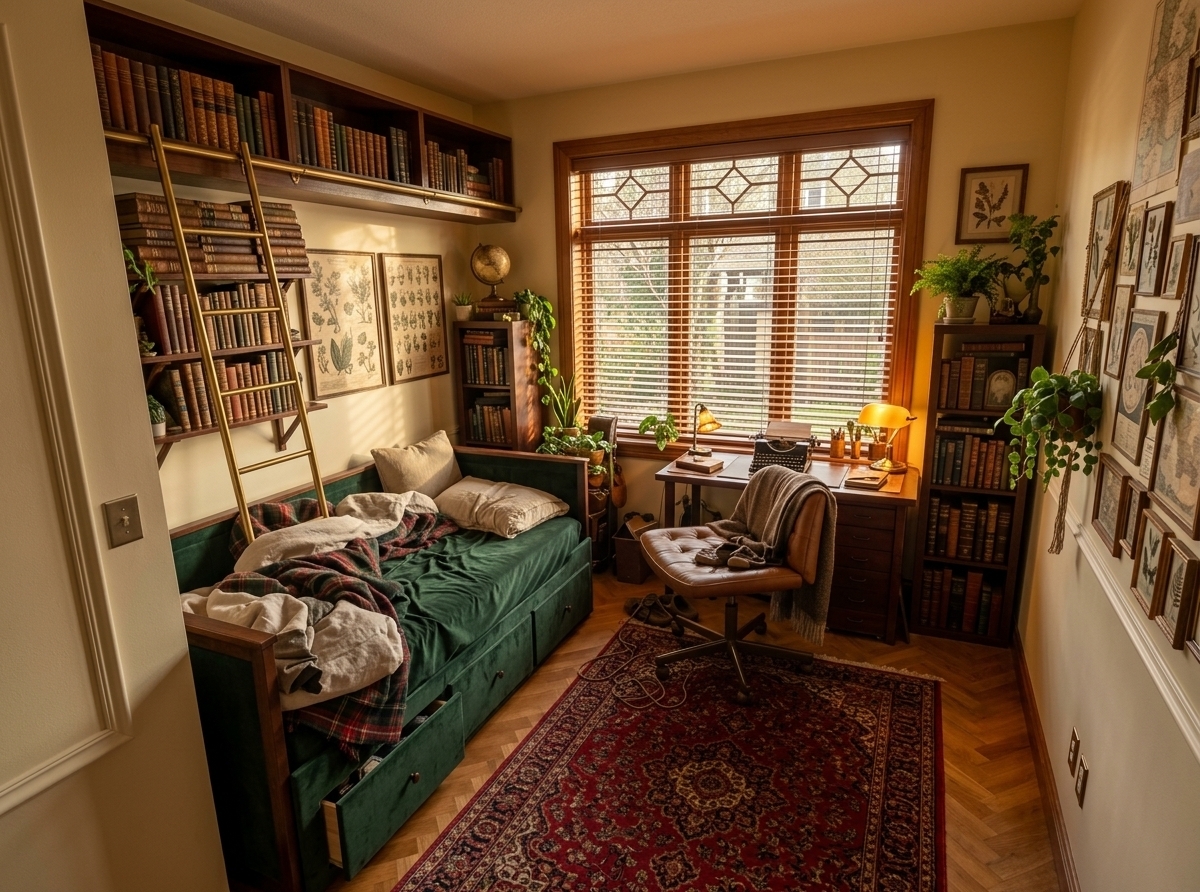 An incredibly lifelike, richly detailed, photorealistic wide-angle interior photo of a cozy English reading room styled as a Victorian traveler's trove set in a quiet home sanctuary. The scene is illuminated by warm, golden late-afternoon sunlight filtering through a large, multipane timber-framed window and the amber glow of a classic brass banker's lamp, creating a deeply scholarly, tranquil, and nostalgic atmosphere. Captured with a full-frame camera and a 24mm wide-angle lens, emphasizing the rich luster of polished mahogany built-ins, tactile leather-bound books, and intricate woven textiles. Replacing the original floating furniture, floor-to-ceiling built-in dark walnut bookcases now span the entire left wall—complete with a brass rolling library ladder—stuffed with antique atlases, leather volumes, and curated curiosities like an antique globe, brass telescope, and framed botanical illustrations. Nested snugly beside the shelving is a grand single daybed upholstered in deep forest-green velvet and layered with rich tartan wool throws and tailored linen pillows. Beneath the window, an elegant mahogany writing desk holds a vintage typewriter, leather desk blotter, and brass magnifying glass, paired with a tufted cognac-leather swivel chair. The original carpet gives way to warm herringbone oak flooring topped with an antique crimson Persian rug, culminating in a perfectly proportioned, deeply atmospheric space that blends historic charm with functional modern comfort.