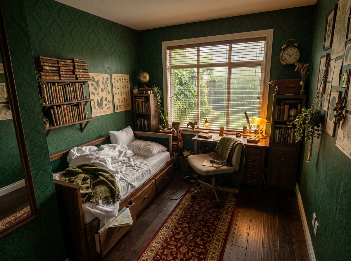 An incredibly lifelike, richly detailed, photorealistic wide-angle interior shot of a Victorian study bedroom reimagined as a scholarly traveler's sanctuary set in a grand English home. The scene is illuminated by soft, golden late-afternoon sunlight filtering through diamond-paned windows, complemented by the warm amber glow of a vintage brass banker's lamp, creating a cozy, intellectually inspiring atmosphere. Captured with a 35mm prime lens at f/2.8, emphasizing the rich grain of dark mahogany woodwork, hand-stitched leather bookbindings, and aged brass instruments. 

Floor-to-ceiling built-in dark oak bookshelves line the walls, packed with rows of antique leather-bound books, rolled vintage maps, brass astrolabes, and globes. Directly in front of the window, an ornate, hand-carved antique mahogany pedestal writing desk sits alongside a classic tufted burgundy leather armchair, complete with a brass quill holder and parchment. Tucked neatly along the adjacent wall is a large, meticulously dressed single bed crafted from solid walnut with an upholstered deep emerald velvet headboard, layered with immaculate crisp linens and an olive-green wool tartan blanket. Rich forest green damask wallpaper and a deep crimson Persian runner rug over dark hardwood floors ground the room in timeless elegance. Outside the window, a picturesque view reveals a misty, rain-kissed English garden with climbing ivy and lush greenery, seamlessly connecting this cozy traveler's trove to the enchanting world beyond.