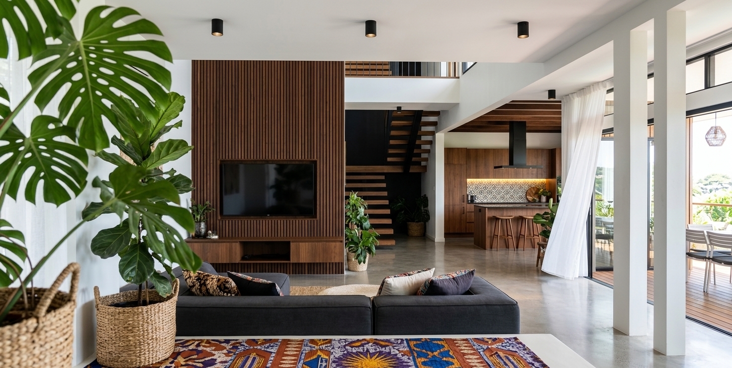 An incredibly lifelike, richly detailed, photorealistic wide-angle interior photograph of a modern tropical living room set in an exclusive Balinese bohemian coastal retreat. The scene is illuminated by bright, clear midday summer light penetrating through high glass doors, creating a vibrant, airy, and serene bohemian oasis atmosphere. Captured with a professional 24mm architectural prime lens, emphasizing raw wood textures, rich woven fabrics, and dense tropical foliage...

In the foreground, a sleek, low-profile sectional sofa in a rich charcoal hue rests atop a magnificent statement carpet. The rug is boldly patterned with vibrant African loincloth and wax-print motifs—rich terracottas, cobalt blues, sunburst yellows, and deep purples—bringing an energetic, eclectic warmth to the space. The couch is adorned with plush accent pillows featuring a blend of Balinese batik and tribal geometric embroidery. 

Dominating the central view is an architectural feature wall finished in vertical dark teak wood slats, seamlessly integrating a flush-mounted flat-screen television and minimal floating cabinetry below. Behind this slatted timber accent wall, a floating wooden staircase gracefully ascends toward an upper mezzanine level. 

To the right, floor-to-ceiling sliding glass doors open onto a sun-drenched exterior teak deck. Sheer, floor-length white linen curtains frame the glass, billowing softly in the summer breeze and filtering the intense midday sun into a diffused, inviting glow. Outside, contemporary terrace furniture overlooks lush coastal scenery.

Beyond the living room partition, the open-concept kitchen area unfolds under an exposed dark wood joist ceiling. It features rich timber cabinetry, a central island topped with modern bar stools, a sleek black hanging range hood, and a decorative patterned splashback illuminated by warm under-cabinet lighting. Black cylindrical downlights mounted on the ceiling cast crisp, focused highlights across the polished concrete floor.

Dense, rainforest-inspired indoor vegetation breathes life into every corner of the room. Oversized Monstera deliciosa leaves, soaring fiddle-leaf figs, and potted fan palms emerge from woven seagrass baskets and terracotta planters, creating a seamless connection between luxury indoor living and the wild, lush tropical outdoors. Soft atmospheric reflections on the polished floor and delicate interplay between natural daylight and warm artificial accents enhance the rich, immersive depth of this tropical sanctuary.