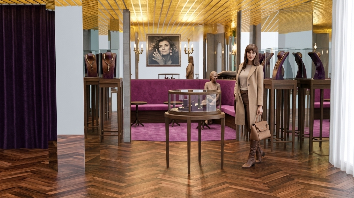 A professional eye-level photograph of an upscale jewelry boutique interior taken during bright midday, maintaining the exact layout, geometry, camera angle, and structural elements of the scene. Soft natural daylight floods through the space, seamlessly blending with the rich, warm glow from the brass grid ceiling and classic wall sconces. The polished wood herringbone floor displays realistic grain details, fine surface scratches, and soft specular reflections from the overhead lighting. The central glass display table features authentic reflections, subtle dust specks, and minor edge refractions. The deep purple velvet curtain and banquette seating show tactile fabric texture with natural light absorption along the folds. Mirrored walls and columns reflect the warm interior with realistic alignment seams and soft light bounce. Shot on a high-end camera with a 35mm lens at f/8, the image features balanced exposure, crisp depth of field, gentle highlight roll-off, faint lens vignetting, and a subtle touch of natural film grain for an authentic photographic quality.