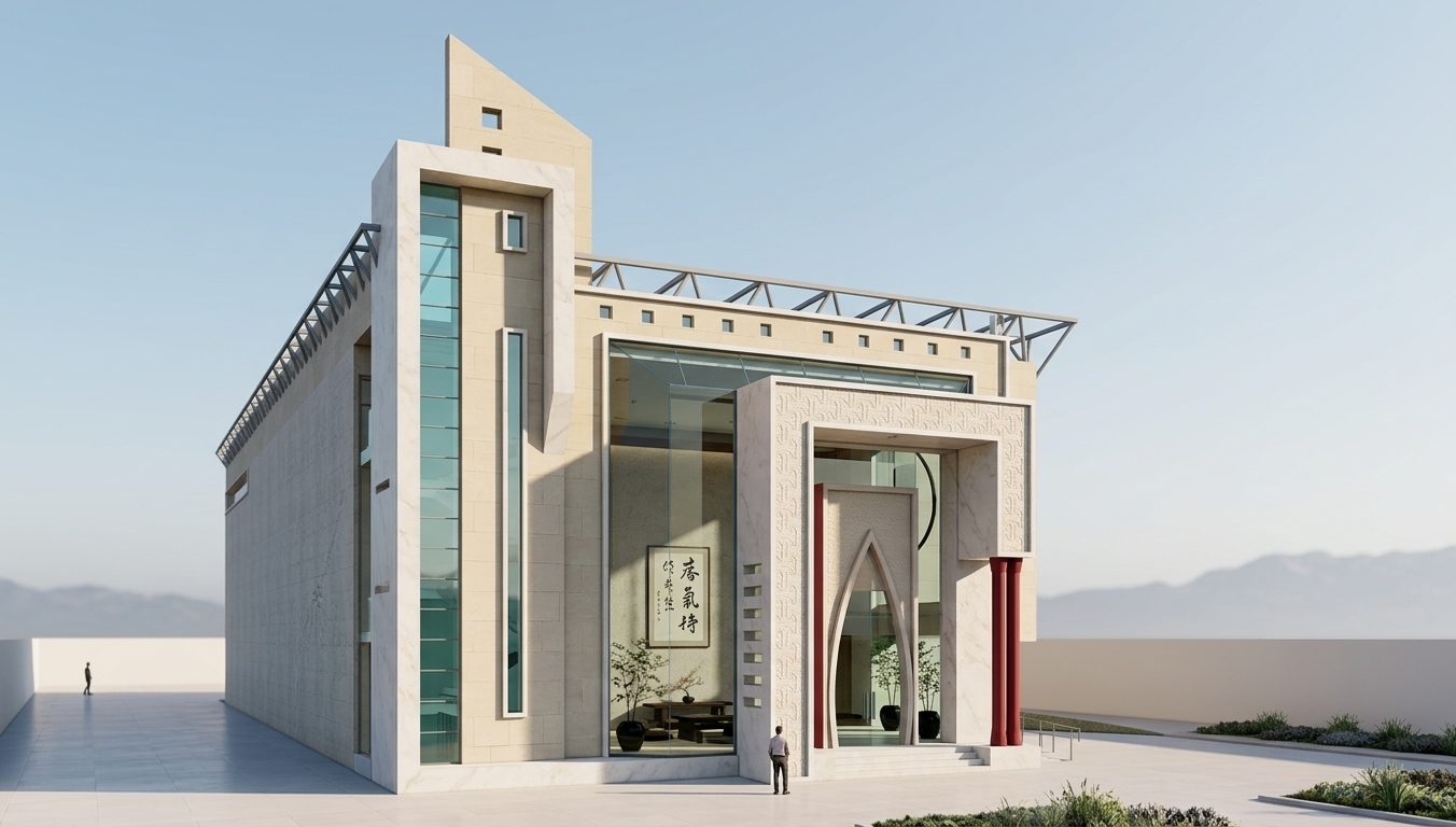 An incredibly lifelike, richly detailed, photorealistic wide-angle architectural shot of a modern boutique hotel entrance set in a tranquil, open courtyard setting under a clear sky. The scene is illuminated by crisp afternoon sunlight casting sharp, geometric shadows across the facade, creating a calm and harmonious atmosphere. Captured with a professional tilt-shift lens, emphasizing the contrasting textures of polished off-white marble framing, smooth light beige limestone cladding, textured relief panels, and light-reflecting cyan-tinted glass curtain walls. The modern facade features a striking layered entrance portal with an inner pointed arch flanked by slender crimson columns, while steel roof truss accents crest the upper roofline. Visible through the expansive glass facade is a serene interior lobby executed in a Japanese Zen design language—uncluttered and balanced with shades of neutrals, deep blacks, and natural greens. Inside, low dark wooden furniture rests on clean floor surfaces, complemented by framed Japanese calligraphy wall art on muted plaster walls and delicate indoor plants in black ceramic pots. The foreground features smooth, pristine stone paving leading to the entrance, framing the building's striking verticality and wabi-sabi elegance in a polished photography book style.