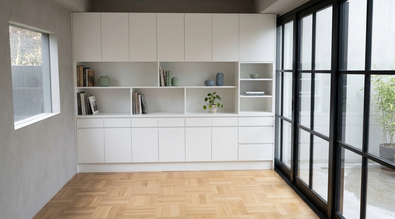 An incredibly lifelike, richly detailed, photorealistic wide-angle interior shot of a minimalist study room set in a modern contemporary residence. The scene is illuminated by soft, diffused daylight streaming through expansive black-framed glass sliding doors, creating a serene and Zen-inspired atmosphere. Captured with a professional 35mm architectural lens, emphasizing the smooth matte white custom millwork, warm light oak parquet flooring, and clean geometric lines. 

The main focal wall features seamless, full-height built-in cabinetry in crisp matte white with hidden push-latches, balancing closed storage with open cubbies and shelving. Carefully styled within the open compartments are curate photography books, a few subtle pastel-toned ceramic objects, and a delicate potted indoor plant adding a touch of natural color. To the left, a recessed window washes the surrounding neutral gray walls in gentle light, while the black steel-mullioned glass doors on the right reflect subtle light across the smooth wooden floorboards. The overall space embodies an uncluttered, functional sanctuary characterized by streamlined elegance and quiet spatial harmony.