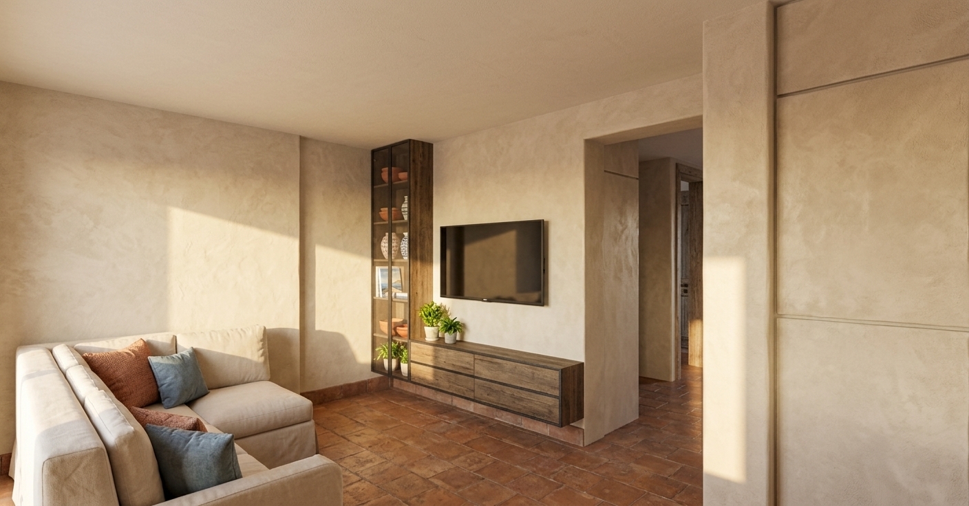 An incredibly lifelike, richly detailed, photorealistic wide-angle interior photo of a cozy living room set in a sun-drenched Mediterranean retreat. The scene is illuminated by warm, golden afternoon sunlight streaming across the space, creating a relaxed, earthy, and inviting atmosphere. Captured with a 24mm architectural lens, emphasizing the tactile textures of hand-troweled lime-washed plaster walls, aged terracotta floor tiles, and rustic wooden accents. In the foreground to the left, a plush L-shaped sectional sofa in soft cream linen is embellished with textured throw pillows in shades of terracotta and dusty coastal blue. The main focal wall features a flat-screen television mounted above a floating low-profile console made of distressed dark oak with wrought-iron trim, anchored on the left by a tall glass-door display cabinet filled with curated ceramics, a photography book, and vibrant green indoor potted plants. To the right, a framed doorway opens into a softly lit hallway, while a rustic plaster wall feature frames the right edge, seamlessly blending modern living amenities with a timeless, sun-baked coastal charm.