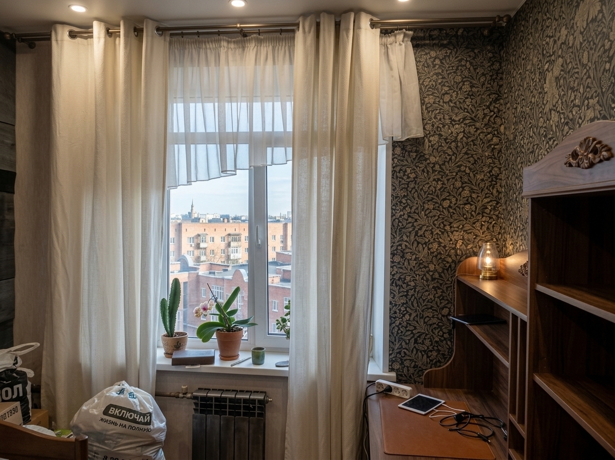 An incredibly lifelike, richly detailed, photorealistic wide-angle interior shot of a modern study room set in a refined urban apartment. The scene is illuminated by soft, natural afternoon light filtering through floor-to-ceiling sheer ivory drapes alongside warm recessed ceiling accents, creating a serene, luxurious, and productive atmosphere. Captured with a 24mm tilt-shift lens, emphasizing the rich grain of dark walnut paneling, plush velvet upholstery, and brushed brass details...

This reimagined study embraces contemporary elegance by transforming the compact room into a streamlined dual-purpose retreat. Dominating one wall is a custom, expansive dual workstation designed to comfortably host two complete PC setups, featuring sleek cable-managed grommets, dual high-end monitors, and ergonomic leather task chairs set against a vertical slate-wood feature wall. Across from the desk, a plush, low-profile navy velvet sofa offers a cozy lounging area, accessorized with tailored throw pillows and an arc floor lamp in polished brass. The cluttered window area is modernized with a concealed minimalist radiator cover and clean, tailored drapery, opening up sweeping views of the city skyline. Soft neutral wall tones, hidden ambient lighting, and rich hardwood flooring tie the space together into a perfectly balanced, functional, and visually striking home office.