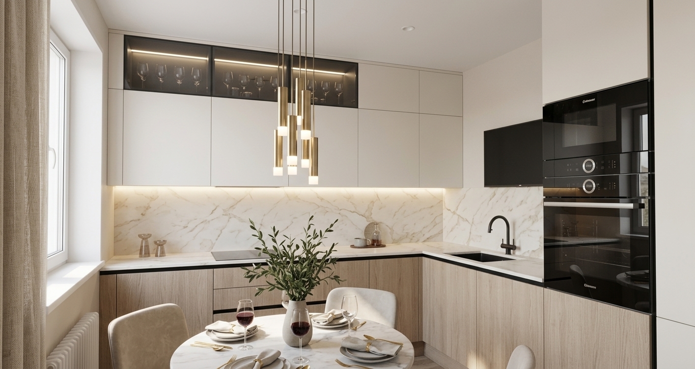 An incredibly lifelike, richly detailed, photorealistic eye-level interior photo of a refined modern kitchen infused with subtle French country charm set in a sunlit city residence. The scene is illuminated by soft, natural midday spring sunlight diffusing through the window, complemented by warm ambient LED backlighting, creating a sophisticated and serene atmosphere. Captured with a 35mm architectural lens, emphasizing the delicate veining of Calacatta marble, brushed gold finishes, and subtle wood grain textures...

The kitchen features a blend of painted off-white upper cabinets and light-toned, natural wood lower cabinetry anchored by a continuous black Gola profile under the countertop. Above the main cabinetry, graphite-tinted glass display units with interior LED strip lighting showcase an array of fine crystal stemware. A seamless backsplash and countertop made of exquisite Calacatta marble with light, organic veining are bathed in a soft glow from hidden under-cabinet lighting. Integrated sleek black appliances—including a stacked oven and microwave unit—are seamlessly flush-mounted beside a matte black undermount sink with a matching gooseneck faucet and a wall-mounted TV overhead. In the foreground, a round marble dining table is meticulously dressed for a meal with refined tableware, crystal wine glasses, gold cutlery, and a central stoneware vase holding lush green leafy branches. Above the dining area, a cluster of modern brushed-gold cylindrical pendant lights hangs gracefully, adding a layer of warm luxury beneath a neatly framed window with soft, light-filtering curtains.