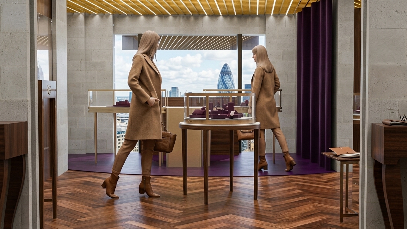 A bright midday interior photograph of a luxury boutique, captured with a 35mm architectural lens at eye level to perfectly preserve the exact geometry and composition. High-contrast, clean 5500K daylight streams through the large background glass window, casting sharp, directional sunlight and natural shadows into the space, perfectly balanced with the warm 2800K glow radiating from the golden slatted ceiling louvers. The rich oak herringbone parquet floor exhibits realistic micro-grain details, gentle clear-coat varnish reflections, and subtle foot-traffic scuffs. Rough light-grey limestone walls feature realistic porous textures and tactile depth under the ambient light. The stylized display figures are dressed in matte wool-blend beige coats showing fine fabric weave textures and natural draping folds. The glass display cases display crisp optical refractions, delicate edge caustics, and subtle micro-smudges on polished glass supported by brushed brass frames. A rich, light-absorbing velvet texture with soft highlights defines the deep purple curved wall partition. Subtle photographic imperfections, such as faint dust motes visible in the sunlight beams, gentle corner vignetting, mild grain, and realistic depth-of-field, ensure an authentically photographed aesthetic.