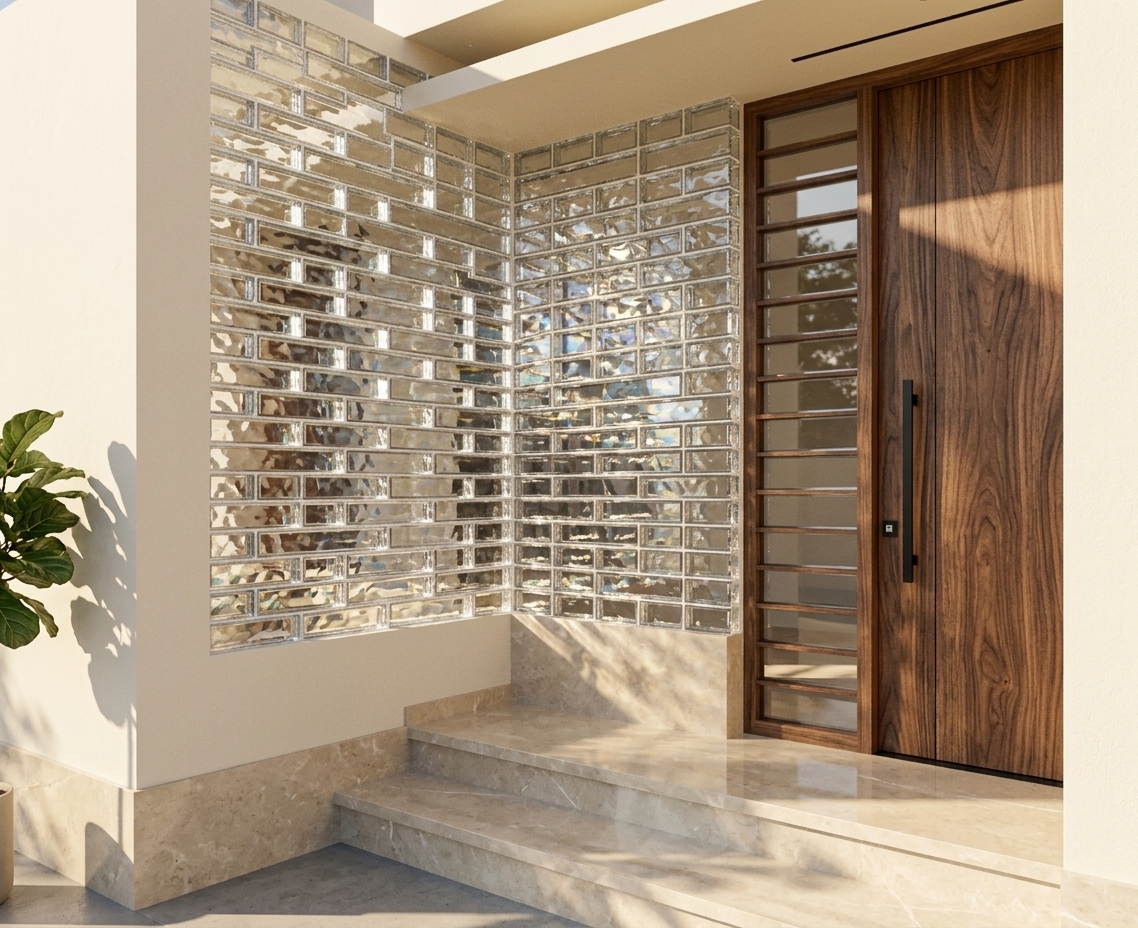 An incredibly lifelike, richly detailed, photorealistic architectural photo of a modern villa entrance set in a sun-drenched bohemian oasis house exterior. The scene is illuminated by bright, warm daylight that casts soft diagonal shadows across the threshold, creating a serene, inviting, and opulent atmosphere. Captured with a sharp 35mm architectural lens, emphasizing the natural dark grain of the tall walnut main wooden door, the brilliant refraction and crystalline textures of the L-shaped glass brick wall, and the mirror-like polish of the beige marble steps. The entrance harmoniously blends minimalist geometry with rich materials, showcasing a sleek matte-black handle on the timber door alongside a slender louvered glass sidelight. The surrounding smooth cream stucco facade catches the gentle reflections off the glass bricks, while the gleaming marble stairs provide a grounded, luxurious foundation, rendering the overall composition a quintessential study in modern organic architecture.