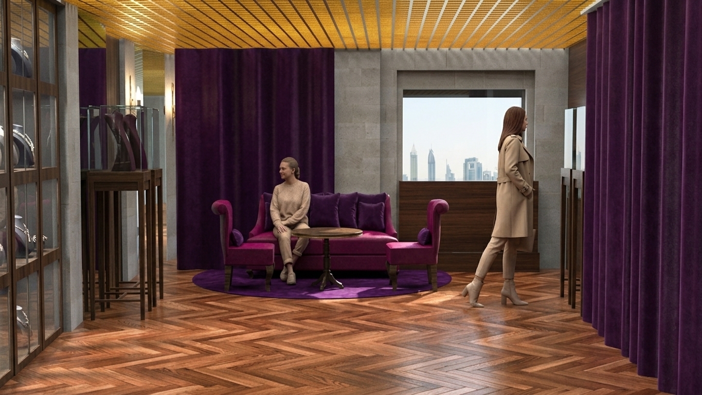 A crisp interior architectural photograph taken during bright midday, capturing this exact luxury boutique setting with absolute fidelity to its layout, perspective, and geometry. Bright, natural midday daylight streams through the square rear window, casting soft directional light and realistic micro-reflections across the polished wooden herringbone parquet floor, which shows authentic wood grain, subtle polyurethane sheen, and faint natural wear. The deep purple velvet curtains display a rich, tactile pile with soft physical folds that catch ambient warm light from the glowing slatted gold ceiling overhead. The magenta velvet sofa, matching accent chairs, and central circular purple rug are rendered with photorealistic fabric textures and deep physical depth. In the background window, the clear city skyline under a bright high-noon sky shows realistic atmospheric haze. The neutral concrete walls exhibit subtle plaster texture imperfections and micro-roughness. Captured on a professional 35mm full-frame architectural lens at eye level, with balanced exposure, faint film grain, natural light falloff, and subtle chromatic aberration near high-contrast edges to ensure a authentic, non-rendered photographic feel.