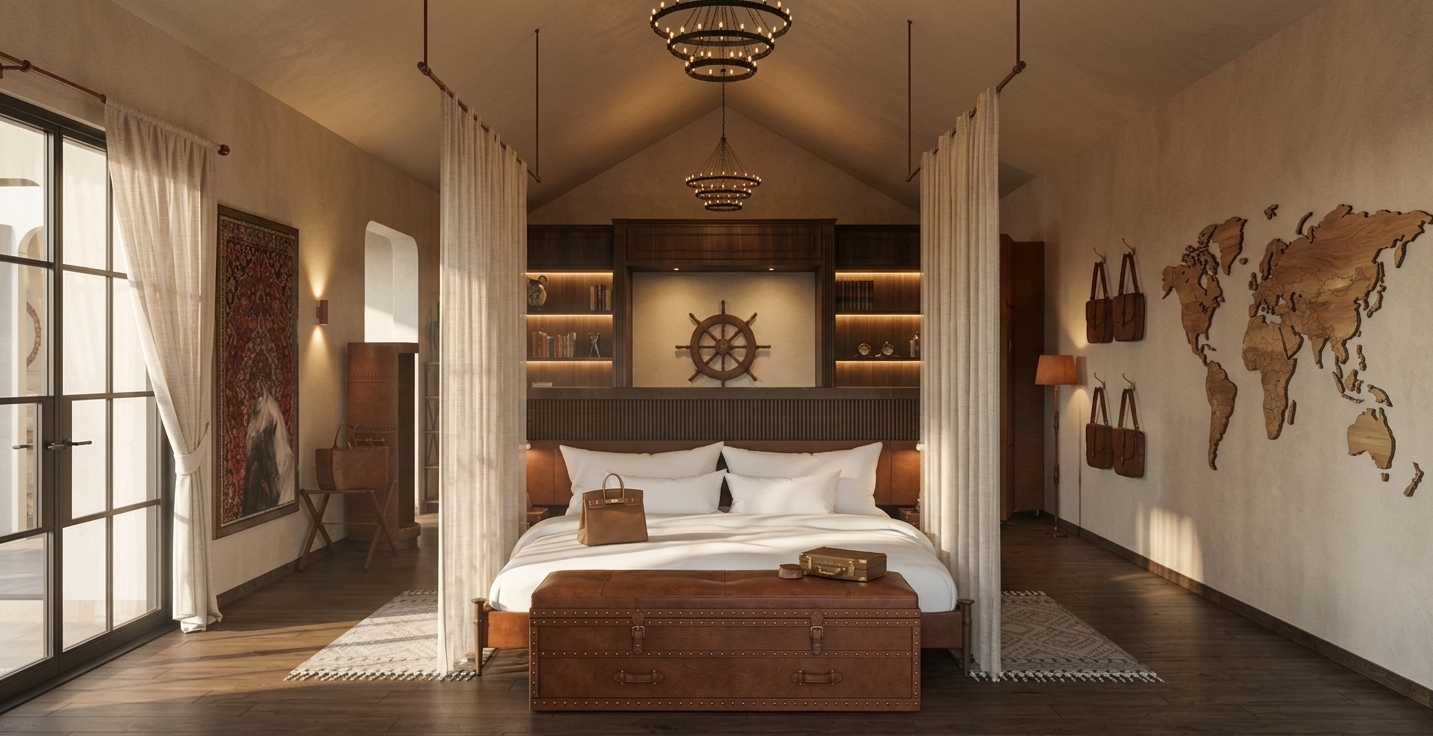 A high-resolution interior photograph of a luxurious safari-inspired cottage bedroom, maintaining the exact layout, geometry, camera angle, and placement of all furniture and decor from the input image. Shot with a 35mm prime lens at eye level, the image features rich, warm ambient illumination from the multi-tiered ring chandeliers hanging above, complemented by gentle, warm backlighting within the dark timber built-in shelving. Fine micro-textures are brought to life with physical accuracy: supple natural grain, subtle patina, and precise stitching on the brown leather trunk, handbag, and wall-hung satchels; soft satin sheen on the dark hardwood floor planks and wooden headboard paneling; and crisp, tangible weave on the sheer hanging mesh curtains and draped white linens. Sunlight softly spills from the left patio door, casting gentle directional shadows across the geometric area rugs and wall textures. Deep ambient occlusion emphasizes depth around the ship wheel focal point, wooden world map wall art, and brass rivets, finished with faint, natural photographic vignetting, delicate highlights, and subtle film grain for total photorealism.