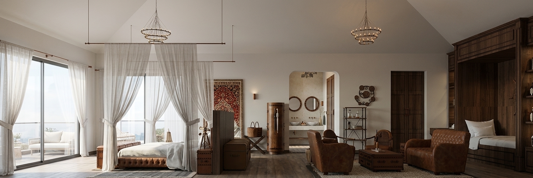 A wide-angle architectural interior photograph of a warm, luxurious cottage-style master suite, captured precisely from the same eye-level perspective, composition, and spatial layout as the original image. Soft, natural morning daylight streams through the large sliding glass balcony doors on the left, casting realistic diffused light and gentle shadows across the rich dark hardwood floorboards. The tufted brown leather armchairs exhibit authentic leather grain, delicate seam stitching, and subtle surface creasing, while the dark stained wood furniture, luggage trunks, built-in daybed, and wall paneling display fine wood grain textures and natural matte satin finishes. Translucent, sheer white linen canopy drapes hang with soft, organic folds, gracefully filtering the ambient light. The hanging wire tier chandeliers radiate a faint, warm glow, complementing the inviting atmosphere of the room. Crisp micro-textures are visible on the plush woven rugs, smooth painted walls, metallic brass accents, and the intricate weave of the framed wall art, with faint lens vignetting and subtle depth-of-field giving the entire scene the tactile, authentic depth of a real high-end interior design photo shoot.