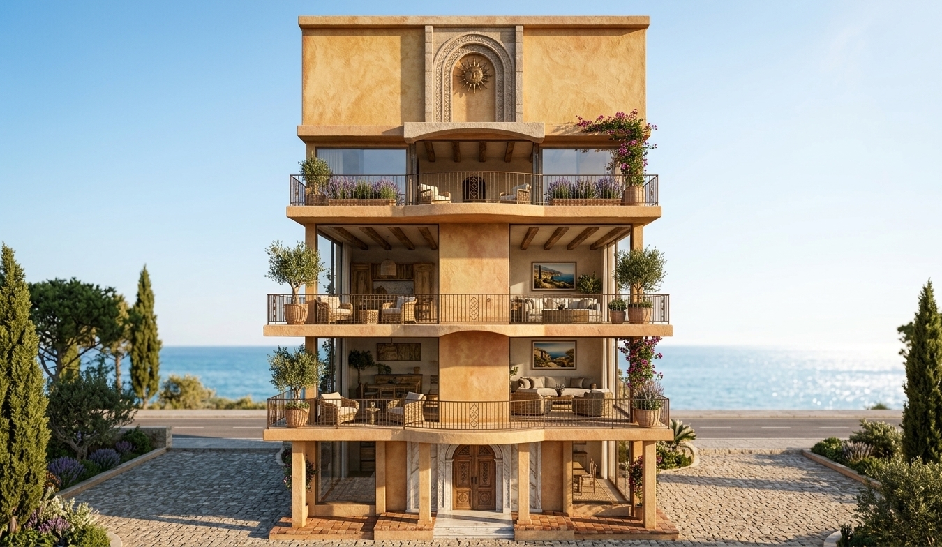 An incredibly lifelike, richly detailed, photorealistic exterior-interior architectural shot of a luxury Mediterranean retreat building set in a sun-drenched coastal haven. The scene is illuminated by glowing, warm afternoon sunlight, creating a relaxed and inviting atmosphere. Captured with a 35mm tilt-shift architectural lens, emphasizing textured lime-wash stucco, aged terracotta tiles, and rich, rustic wood finishes. The multi-tiered façade showcases stacked living spaces and open-air terraces adorned with wrought iron railings, woven furniture, and lush potted olive trees and Mediterranean flora. Deep shades of terracotta, crisp warm neutrals, and coastal blues highlight the interior living rooms visible through the expansive glass, where rustic wooden furniture and Mediterranean landscape wall art frame the cozy spaces. At the summit, a grand arched motif tops the structure, anchoring the earthy, casual elegance of this coastal sanctuary as if featured in a fine photography book.