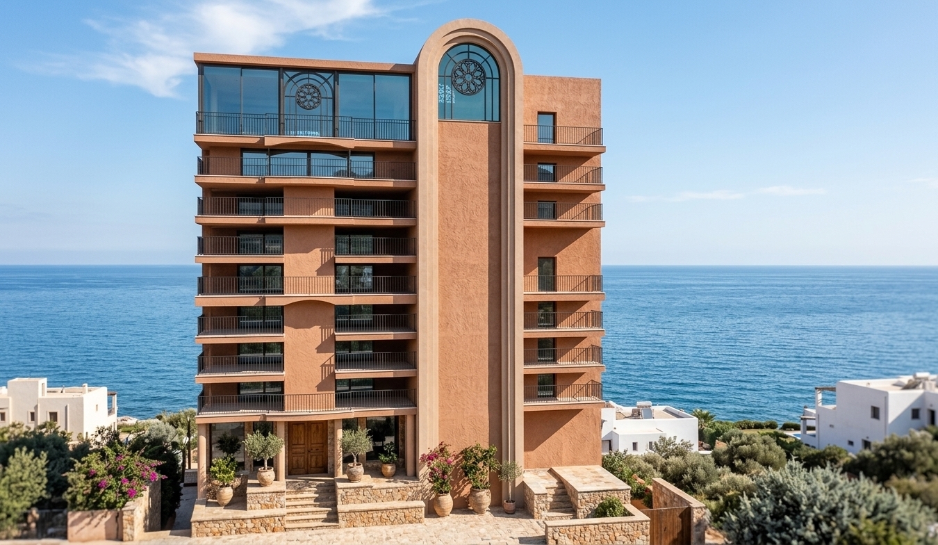 An incredibly lifelike, richly detailed, photorealistic low-angle architectural photo of a luxury Mediterranean retreat facade set in a sun-drenched coastal environment. The scene is illuminated by bright, clear sunlight casting soft, geometric shadows beneath each cantilevered balcony, creating a relaxed, warm, and inviting atmosphere. Captured with a 35mm tilt-shift architectural lens, emphasizing tactile textured terracotta stucco, weathered stone masonry, and dark wrought-iron accents. 

The ground floor invites visitors through rich, rustic oak double doors framed by polished warm-neutral pillars, stone steps, and lush potted Mediterranean greenery. Rising vertically, the structure features stacked floor balconies lined with delicate matte-black wrought iron railings, subtle coastal-blue glass reflections, and earthy terracotta undertones. A clean vertical accent pillar anchors the central elevation, crowned at the top level by a striking arched window embellished with an intricate wrought-iron rosette grille, blending timeless Mediterranean elegance with refined modern structure.
