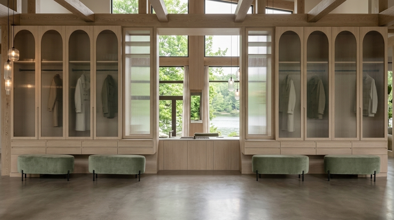 An incredibly lifelike, richly detailed, photorealistic eye-level interior photo of a minimalist haven mudroom set in a serene contemporary lakefront residence. The scene is illuminated by soft, diffused morning sunlight pouring through floor-to-ceiling rear windows, creating a peaceful, organic atmosphere. Captured with a professional 35mm architectural lens, emphasizing tactile milk-colored timber beam walls, elegant fluted glass textures, and soft velvet upholstery. Symmetrically flanking a grand central view of lush greenery outside, bespoke light-oak wardrobes feature tall arched doors with translucent ribbed glass; behind the glass, sleek minimalist hanging rods neatly hold coats, replacing internal shelving for a refined entry display. Beneath the lower wooden drawer units, four sage-green velvet oval ottomans with slender black metal legs are tucked neatly into custom recessed spaces under the cabinets. A seamless, warm gray polished concrete floor grounds the space, gently reflecting ambient light and highlighting exposed white structural beams along the high ceiling above.