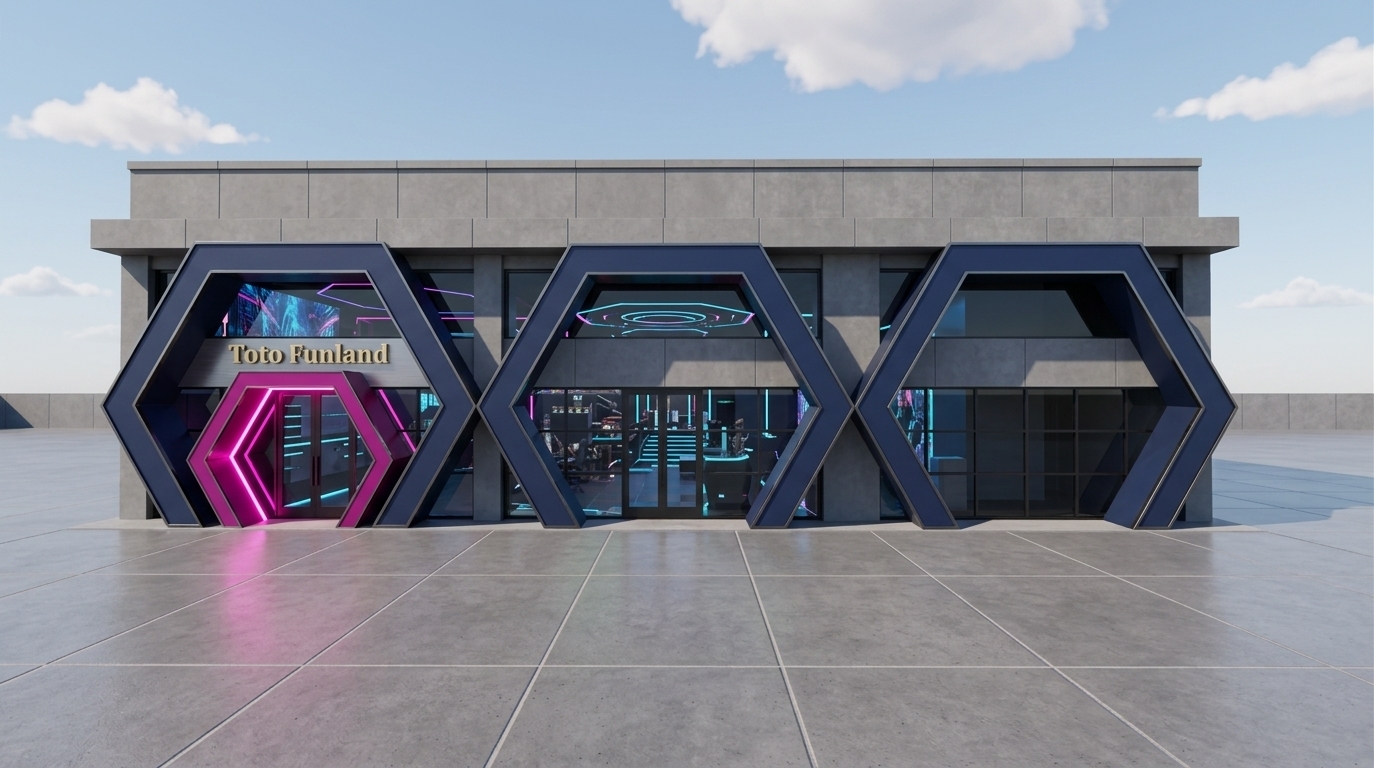 An incredibly lifelike, richly detailed, photorealistic wide-angle architectural shot of the modern "Toto Funland" gaming center facade set in a minimalist urban plaza. The scene is illuminated by bright mid-day sunlight paired with vivid neon pink backlighting along the main entrance frame, creating a futuristic yet moody atmosphere. Captured with a professional 24mm tilt-shift architectural lens, emphasizing matte gray concrete wall cladding, sculpted navy-blue hexagonal portals, polished dark metallic trims, and smooth tinted glass panes. Three massive, interlocking navy hexagon arches dominate the exterior, leading to an inner magenta-accented portal that draws eyes toward the grand entryway. Through the expanses of glass, glimpses of an elaborate interior reveal a high-tech gaming room filled with holographic wall art, cyberpunk decor, neon accents, and sleek metal and glass furniture set against deep shades of black and dark gray.