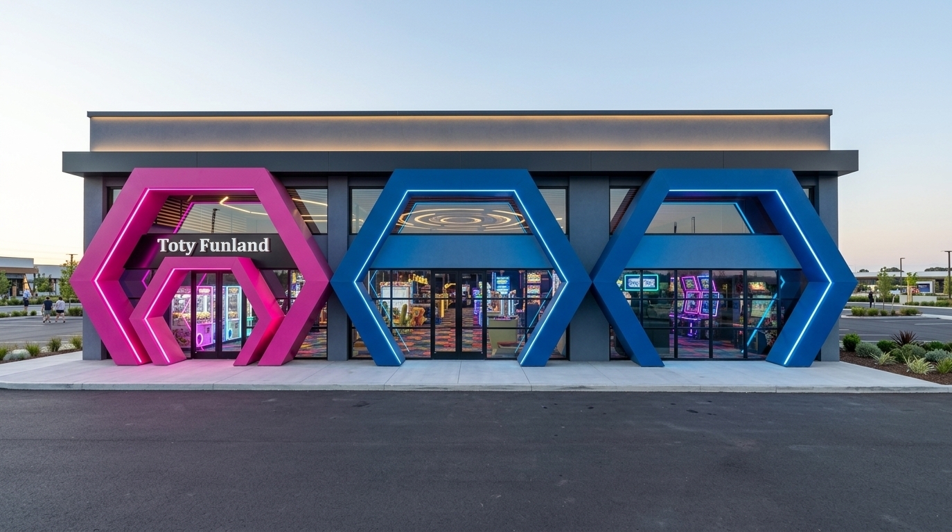 An incredibly lifelike, richly detailed, photorealistic wide-angle exterior architectural shot of the modern "Toto Funland" arcade complex set in a lively commercial leisure park. The scene is illuminated by crisp, natural daylight balanced with intense, glowing neon blue and neon pink LED accents tracing the structural portals, creating an energetic, futuristic, and highly enticing atmosphere. Captured with a professional 24mm tilt-shift architectural lens, emphasizing matte powder-coated finishes, reflective glass panels, and high-contrast ambient shadows. The facade showcases a striking cyber-eclectic fusion, featuring massive matte-blue hexagonal arches that frame the building's floor-to-ceiling glass curtain wall, while a smaller, vibrant electric-pink hexagonal portal forms an irresistible gateway designed to instantly captivate children and draw them into the gaming zone. Through the glass facade, an enticing view of the indoor arcade reveals glowing claw machines, neon-lit gaming stations, and colorful geometric carpets. Smooth, dark paved asphalt stretches across the foreground, meeting pristine concrete walkways that seamlessly guide excited visitors into this high-tech wonderland.
