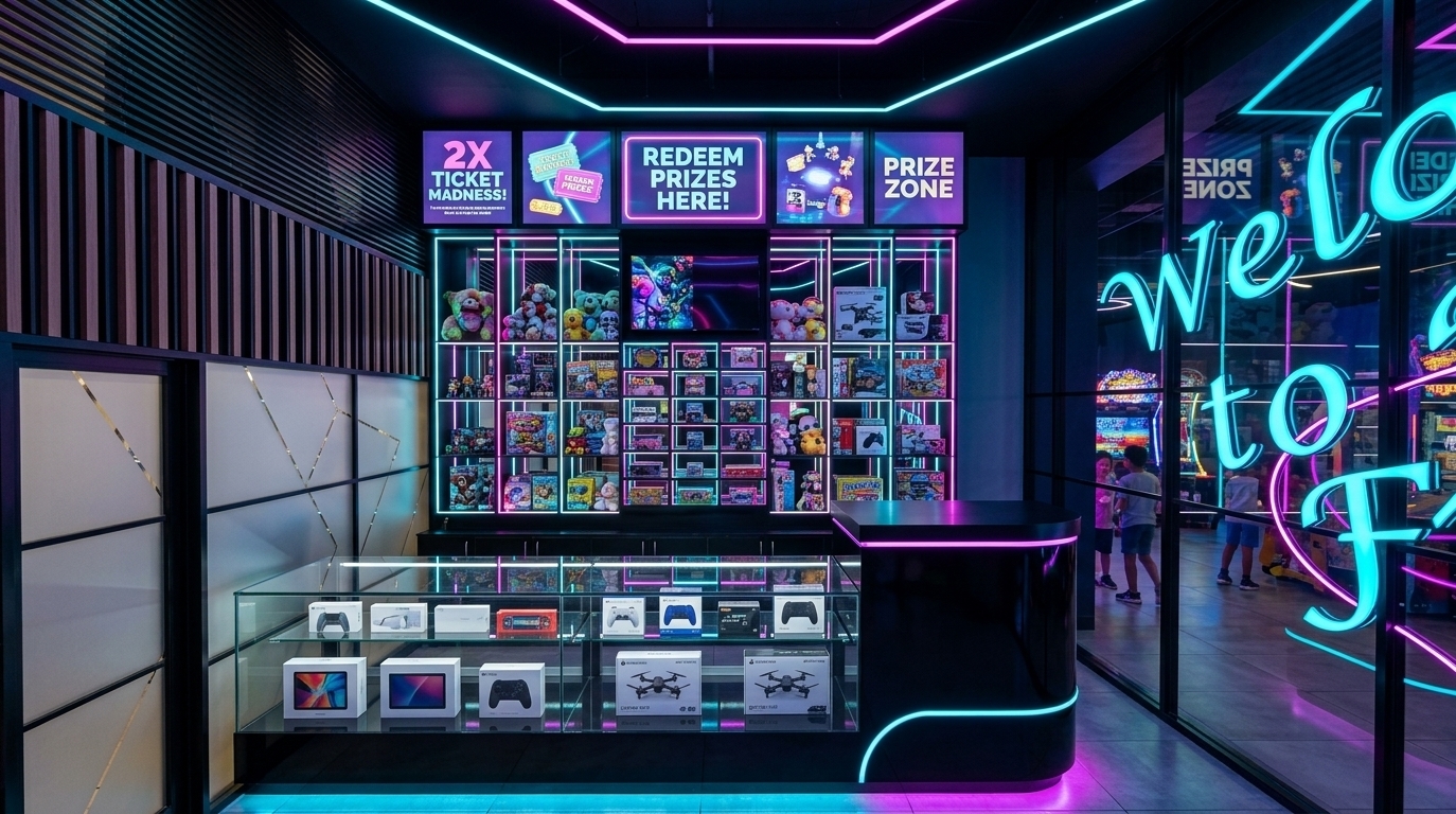An incredibly lifelike, richly detailed, photorealistic wide-angle interior photo of a futuristic arcade prize redemption counter set in a lively kids' gaming room. The scene is illuminated by striking neon noir lighting, with electric cyan, hot magenta, and deep violet LED strips tracing the display shelves and ceiling perimeter, creating an exhilarating, high-contrast atmosphere. Captured with a 24mm wide-angle architectural lens on a full-frame camera, emphasizing sleek black counter surfaces, crisp glass reflections, and vivid light trails. Behind the main black reception counter, grid shelving is neatly organized with a colorful array of arcade prizes—plush toys, action figures, board games, and drone kits—each shelf vividly backlit by embedded neon accents. Overhead, the top cabinet panels are transformed into sleek illuminated signboards displaying glowing promotional offers such as "2X TICKET MADNESS!" and "REDEEM PRIZES HERE!". Low glass display cases in the foreground highlight high-tier electronic rewards, setting a fun, high-tech tone for kids celebrating their arcade wins.