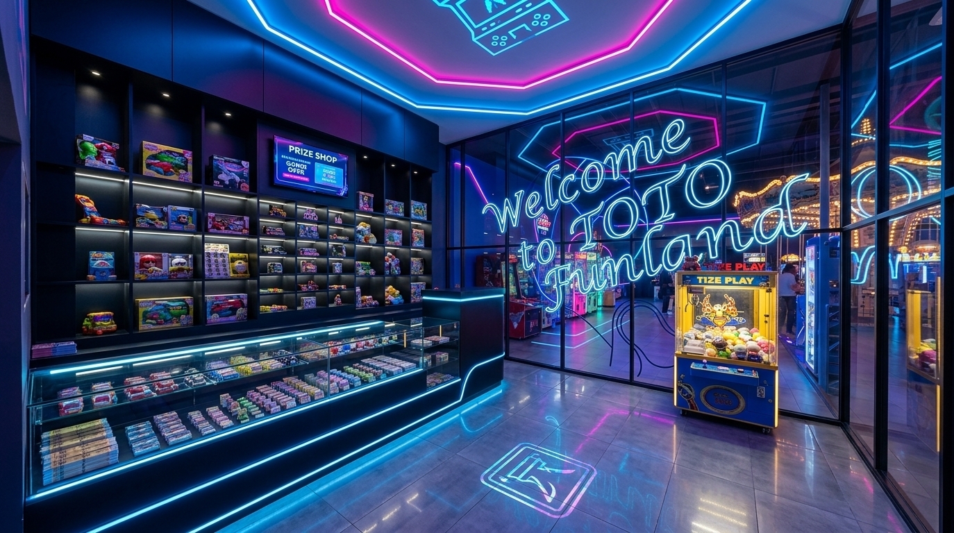 An incredibly lifelike, richly detailed, photorealistic wide-angle interior photo of a futuristic prize redemption counter set in a lively gaming center. The scene is illuminated by vibrant neon blue and electric pink LED highlights contrasting against deep shadows, creating a captivating neon noir atmosphere. Captured with a professional 24mm architectural lens, emphasizing ultra-glossy glass reflections, smooth matte-black display cabinetry, and polished floor tiles, this prize exchange area is built for children to trade in their game tickets for rewards. The sleek, long counter features backlit glass display cases bordered by neon trim, backed by dark modular shelving adorned with promotional offers and signage along the top section. A geometric recessed ceiling tray glows with vibrant dual-tone neon strips, casting a sharp laser logo onto the ceiling surface while a matching holographic laser logo shimmers onto the clean tiled floor below. Expansive floor-to-ceiling glass windows with stylized blue typography reveal the bright arcade beyond, perfectly framing a glowing claw machine that brings a fun, high-energy gaming center vibe to the space.