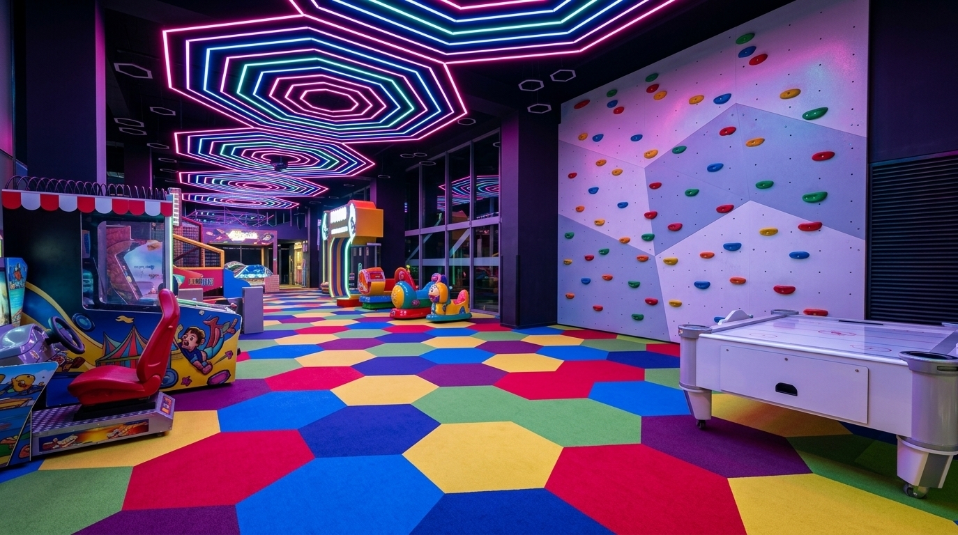 An incredibly lifelike, richly detailed, photorealistic wide-angle interior photo of a energetic children's gaming area set in a contemporary indoor family entertainment complex. The scene is illuminated by vibrant pink and blue neon LED light bands embedded within concentric ceiling octagons, creating a lively yet dramatic neon noir atmosphere. Captured with a professional 24mm full-frame architectural lens, emphasizing the high-contrast textures of the geometric carpet, glossy arcade surfaces, and ambient neon reflections across the floor. 

Sprawling across the ground is a bold carpet tiled with large hexagonal shapes in vivid shades of red, electric blue, bright green, sunshine yellow, and deep purple. Neatly organized along the space are colorful children's gaming machines and rides—including a racing simulator with an ergonomic red seat, interactive arcade screens, and small kiddie rides—each emitting soft luminescence. To the right, a multi-tiered graphic climbing wall with colorful handholds and a sleek white air hockey table frame the room, while deep shadows and ambient pink-and-blue neon glows cast a sophisticated, cinematic finish over the entire arcade space.
