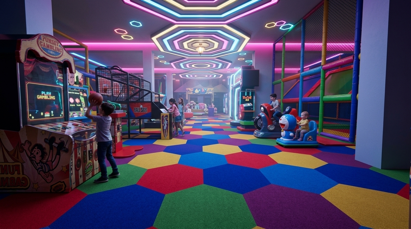An incredibly lifelike, richly detailed, photorealistic wide-angle interior photo of a vibrant children's gaming room set in a modern indoor entertainment arcade. The scene is illuminated by glowing ambient overhead light mixed with dynamic pink and electric blue neon color effects, creating a playful yet moody neon noir atmosphere. Captured with a 24mm architectural lens, emphasizing the glossy reflections, sleek arcade finishes, and bold geometric patterns, the space features a striking carpet adorned with a large hexagonal tile pattern in vibrant shades of red, blue, green, yellow, and purple. Neatly organized across the colorful floor are various kids' gaming machines, including carnival prize displays, basketball shootout games, motorcycle simulators, and a blue Doraemon kiddie ride. Joyful children are scattered throughout the room, enthusiastically playing at the interactive machines, as concentric neon lights on the ceiling and colorful play gym structures frame the wide visual corridor.