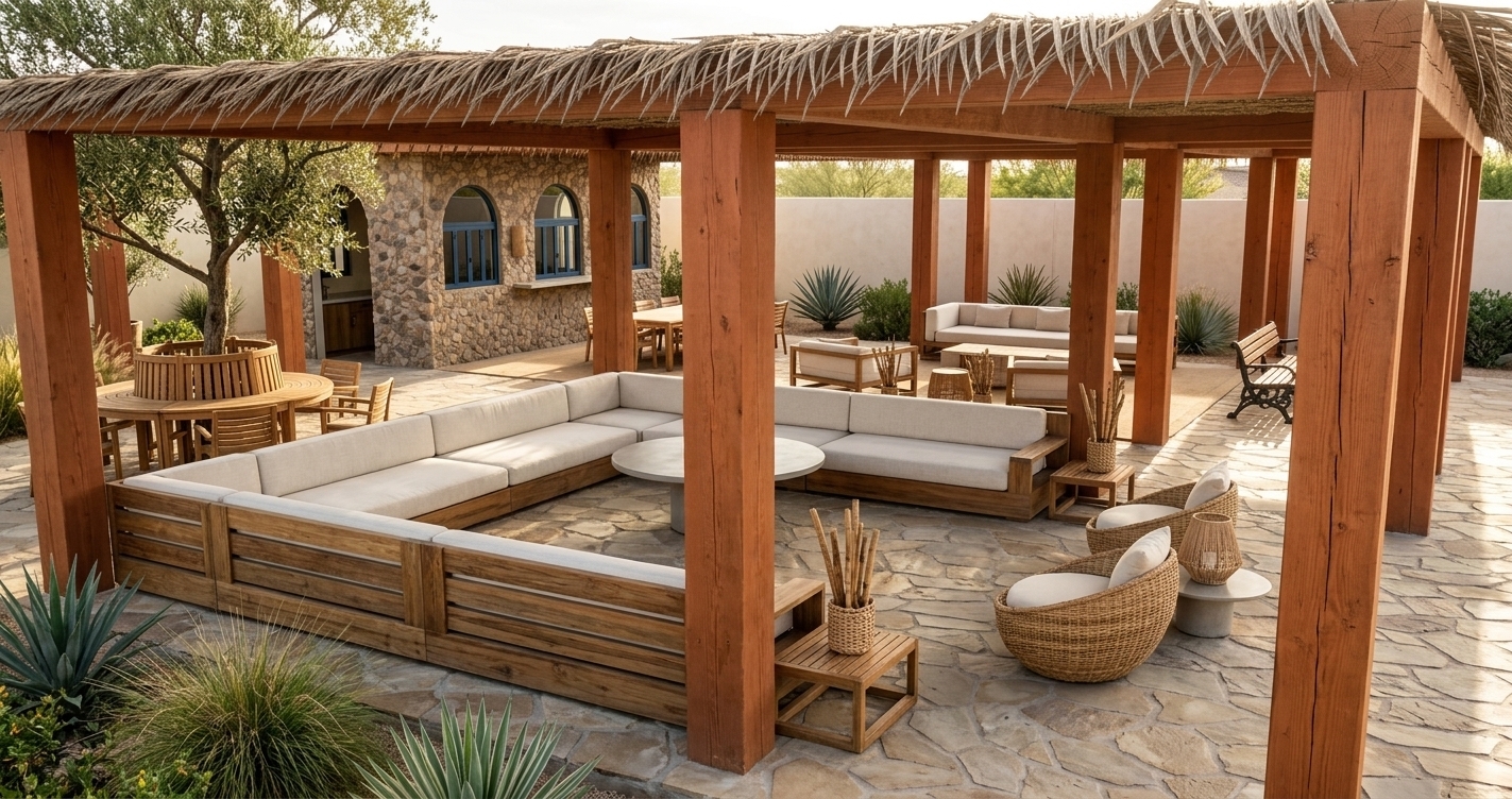An incredibly lifelike, richly detailed, photorealistic wide-angle architectural shot of an elegant outdoor family lounge and dining pavilion set in a serene desert retreat garden. The scene is illuminated by bright, golden afternoon sunlight filtering through the structure and casting soft shadows across the stone patio, creating an inviting, peaceful, and luxurious atmosphere. Captured with a professional 24mm tilt-shift architectural lens, emphasizing natural wood grains, tactile thatched roof textures, and rugged stone masonry details. 

The focal point is an expansive U-shaped modular sectional sofa crafted from light teak wood with plush, off-white linen cushions, paired with modern woven rattan accent chairs and sleek low coffee tables. Underneath, organic irregular flagstone paving anchors the lounge. Supporting a thick, rustic thatched roof are heavy, warm terracotta-tinted timber pergola columns. In the background, a charming farmhouse building features a exposed natural stone facade with arched, blue-trimmed glass windows and a integrated outdoor service bar. To the side, a lush mature tree grows directly through the patio floor, surrounded by a custom wrap-around circular wooden bench, while vibrant desert shrubs and potted plant accents bring vivid natural energy to this refined open-air retreat.