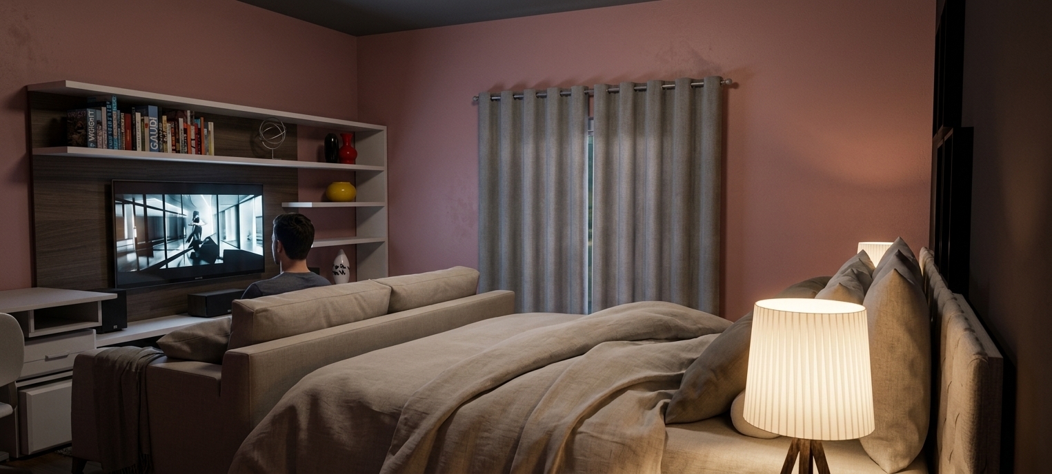 A photorealistic nighttime interior photograph of a modern master bedroom suite, strictly maintaining the exact layout, geometry, framing, and composition of the input image. The room is immersed in a cozy evening atmosphere, illuminated by warm light radiating from the bedside table lamp with its pleated fabric shade, complemented by the cool, gentle glow of the active television screen casting subtle fill light across the dark wood paneling and the cream-colored sofa. A man is seated comfortably on the light beige fabric sofa, seen from behind as he watches television in the softly lit room. The dusty rose walls exhibit a realistic matte paint texture with delicate ambient occlusion in the corners, while the slate gray grommet curtains hang with natural fabric weight and realistic weave. The bed in the foreground is dressed in soft, rumpled beige linen duvet and layered plush pillows with realistic fabric micro-folds, backed by a detailed tufted headboard. White laminate shelving unit displays sharp, clear details, holding books with legible spines, ceramic vases, and glossy decorative accents that reflect the ambient room light. Photographed on a full-frame camera with a 35mm lens, the image features balanced low-light dynamic range, soft shadows, natural material textures, and subtle lens bloom around light sources, creating a authentic architectural night photograph.